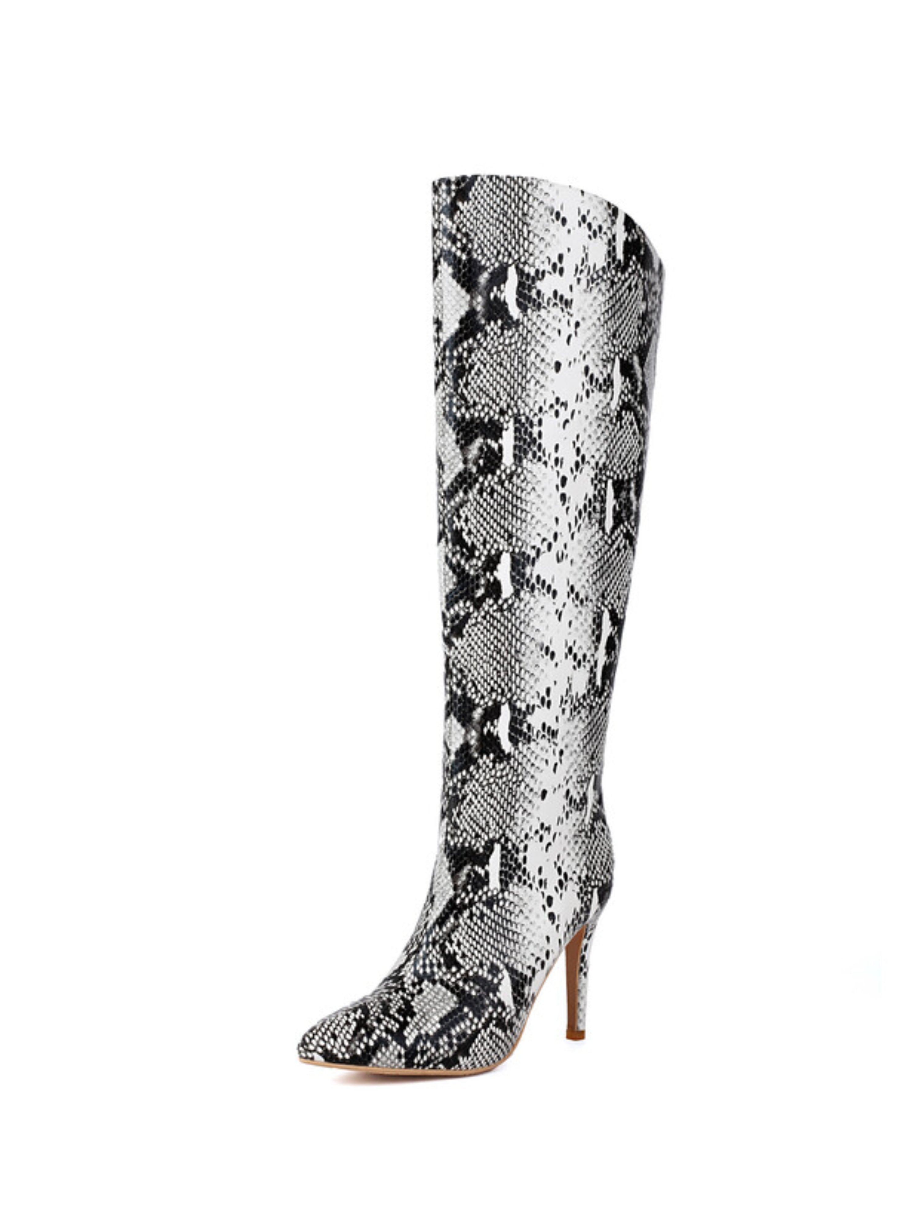 Black and White Python Pattern Stilettos Knee High Boots Women