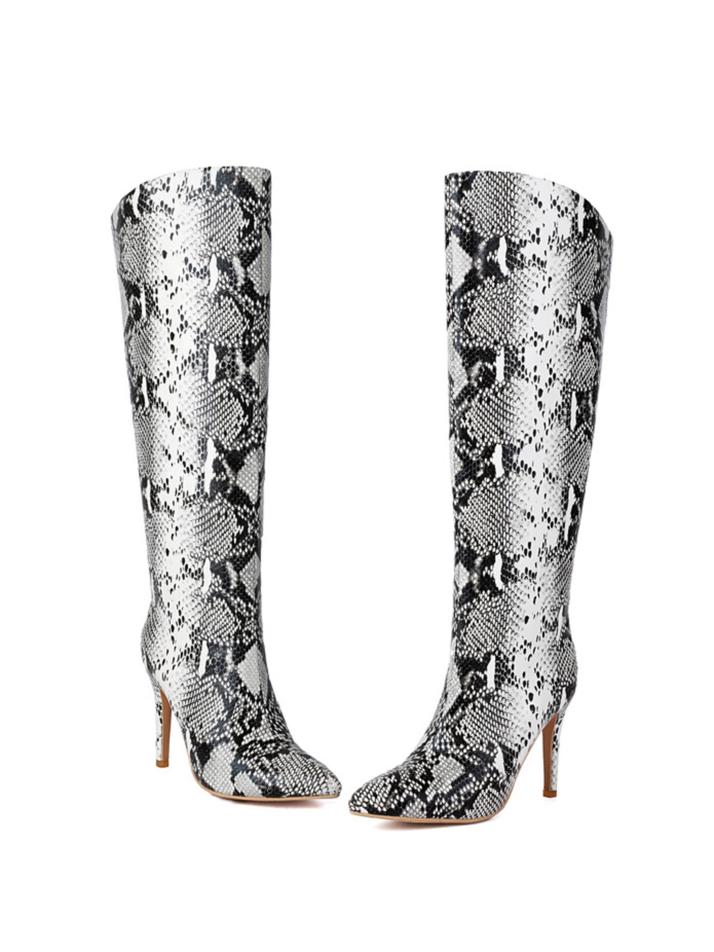 Black and White Python Pattern Stilettos Knee High Boots Women