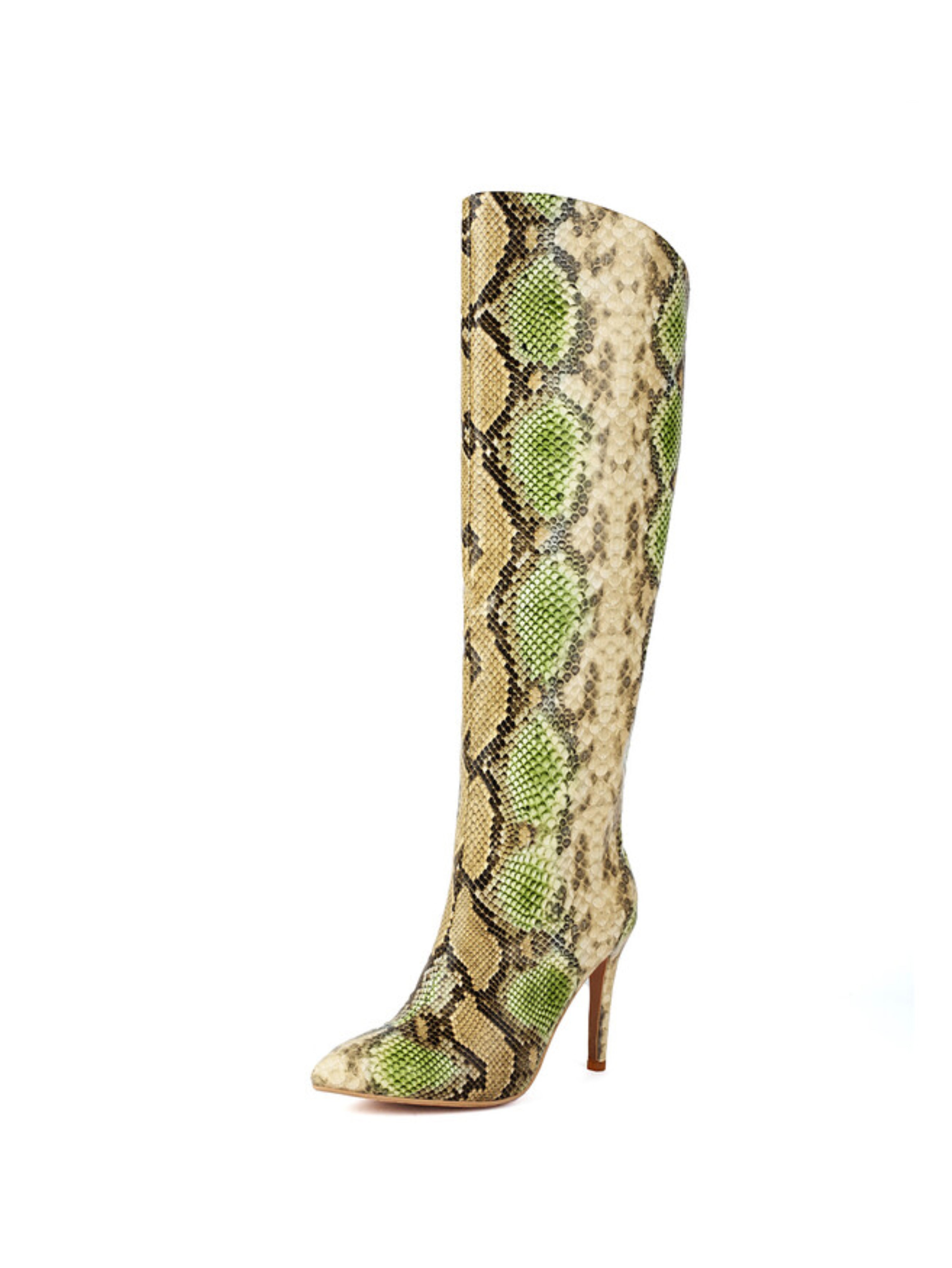 Green Snakeskin Pointed Toe Heeled Over-The-Knee Boots