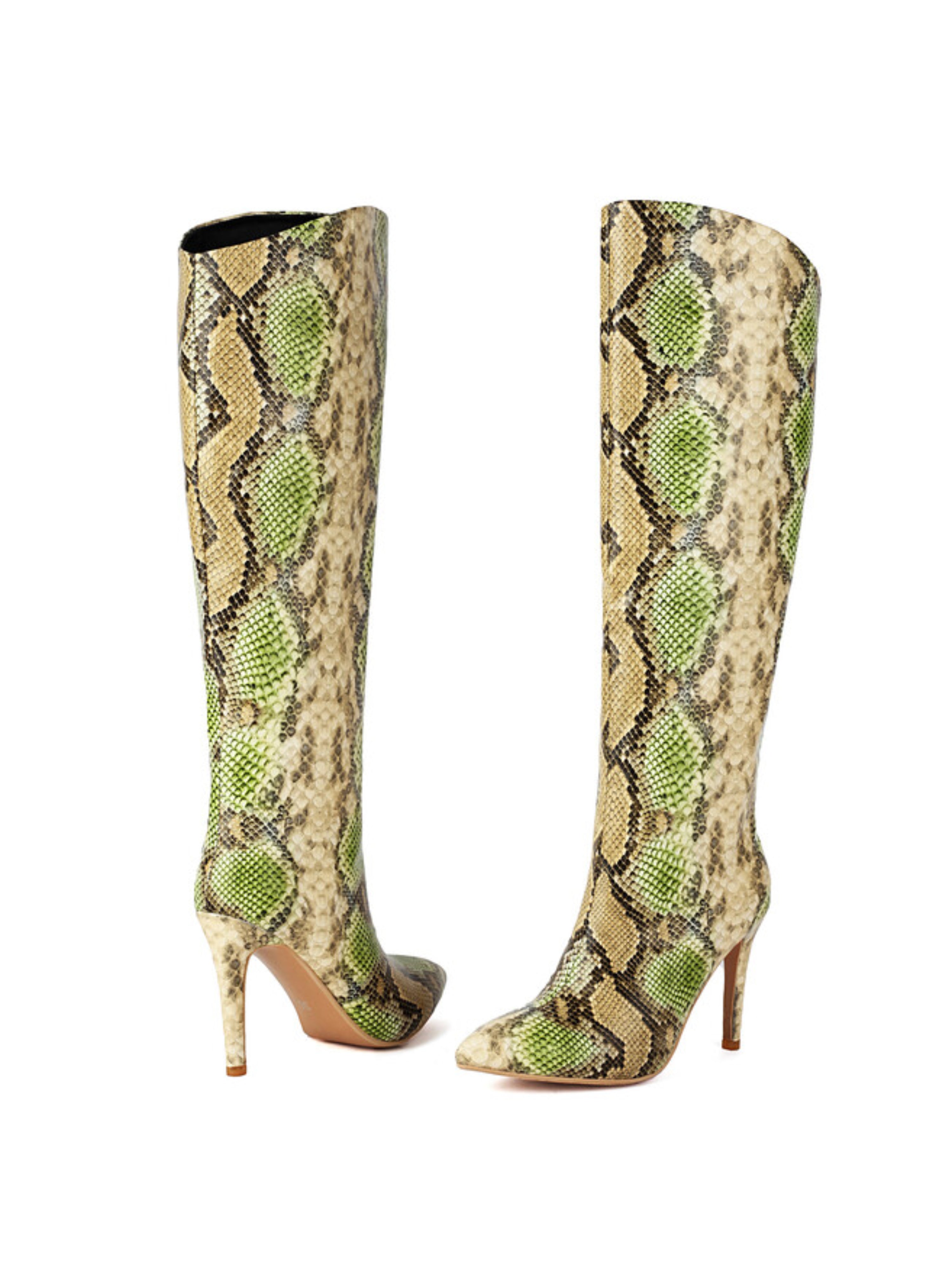 Green Snakeskin Pointed Toe Heeled Over-The-Knee Boots