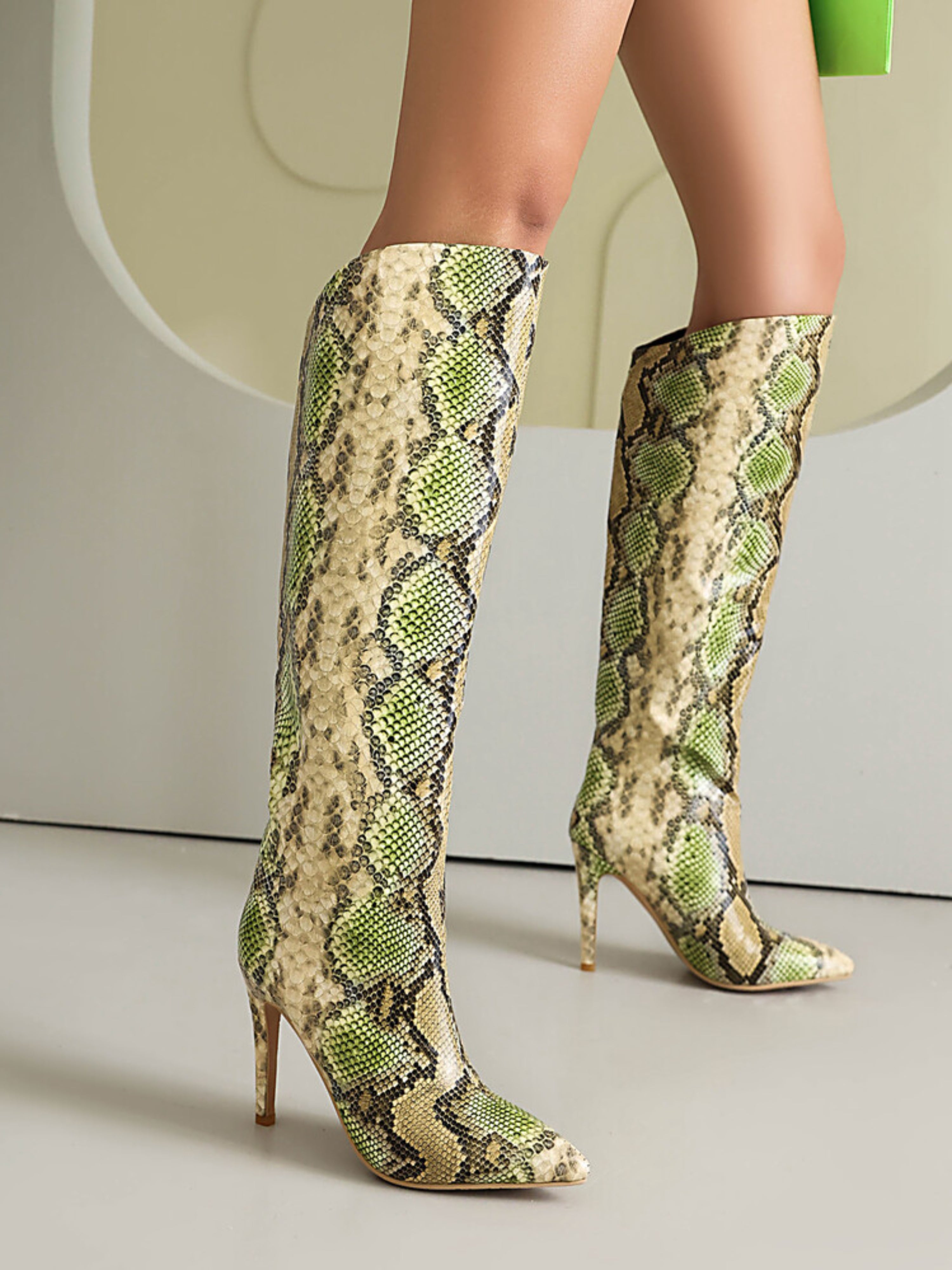 Green Snakeskin Pointed Toe Heeled Over-The-Knee Boots
