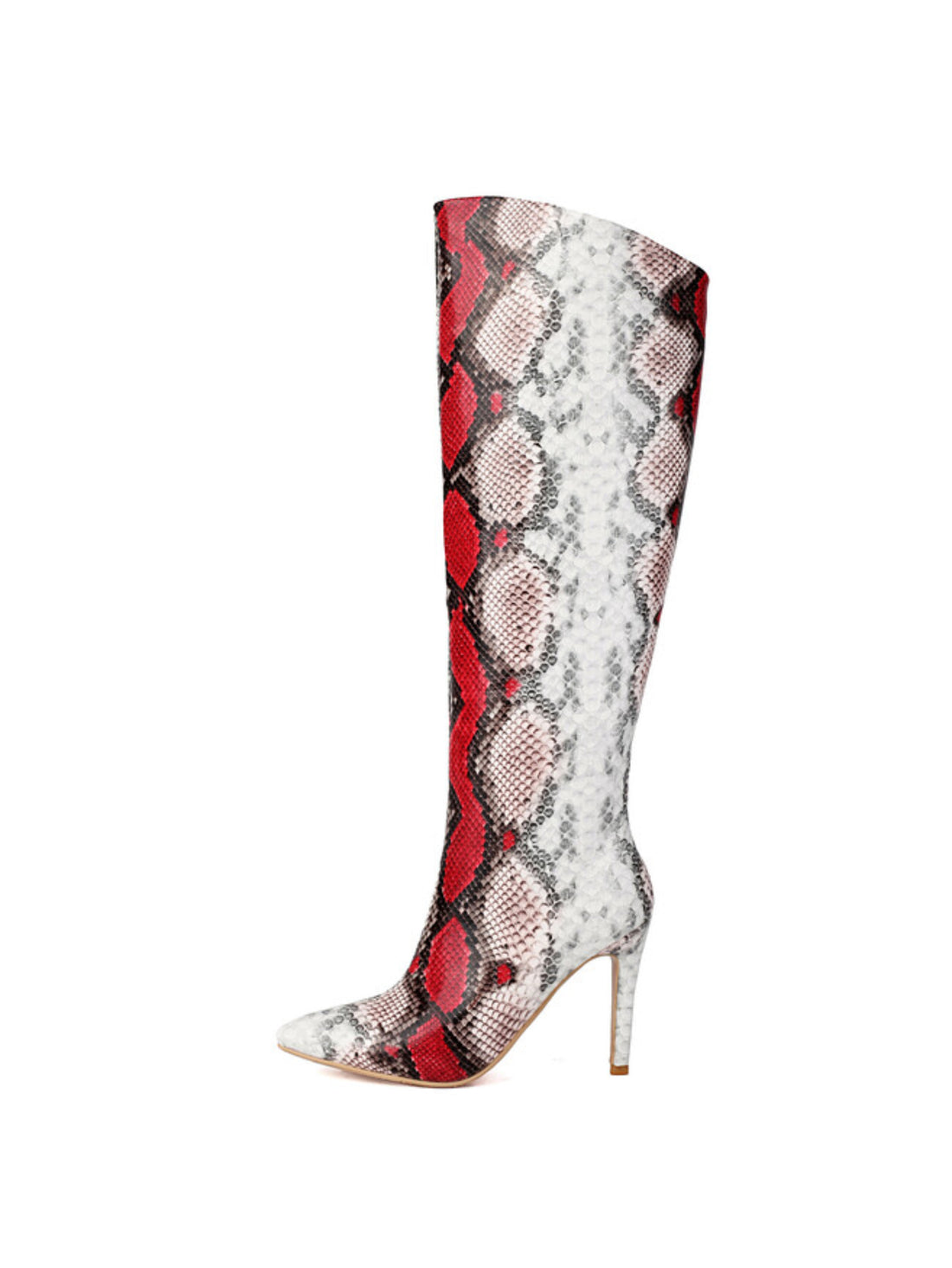 Red Snakeskin Pattern Faux Leather Knee High Heel Boots