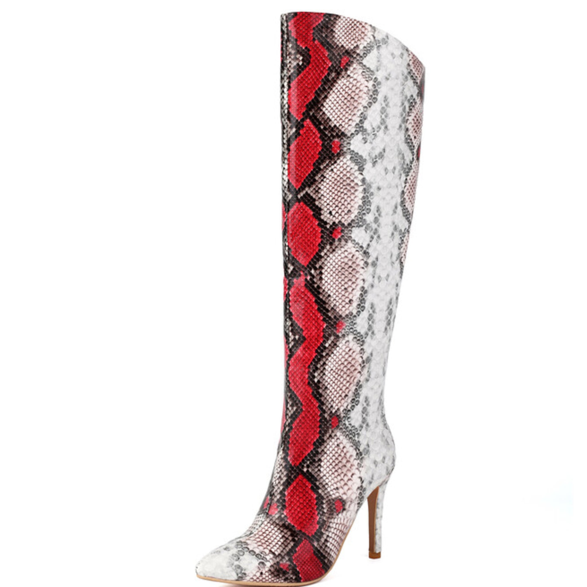 Red Snakeskin Pattern Faux Leather Knee High Heel Boots