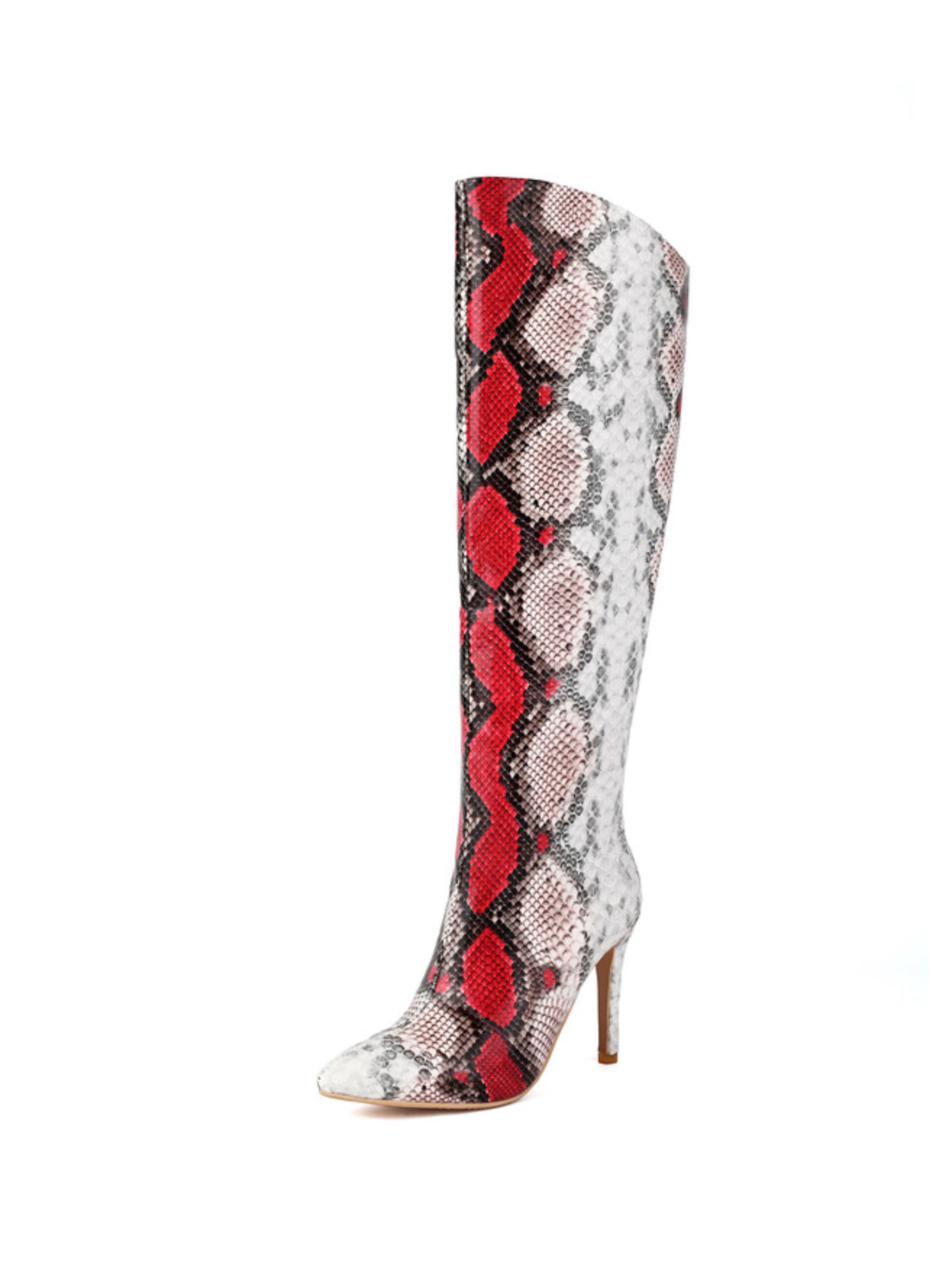 Red Snakeskin Pattern Faux Leather Knee High Heel Boots
