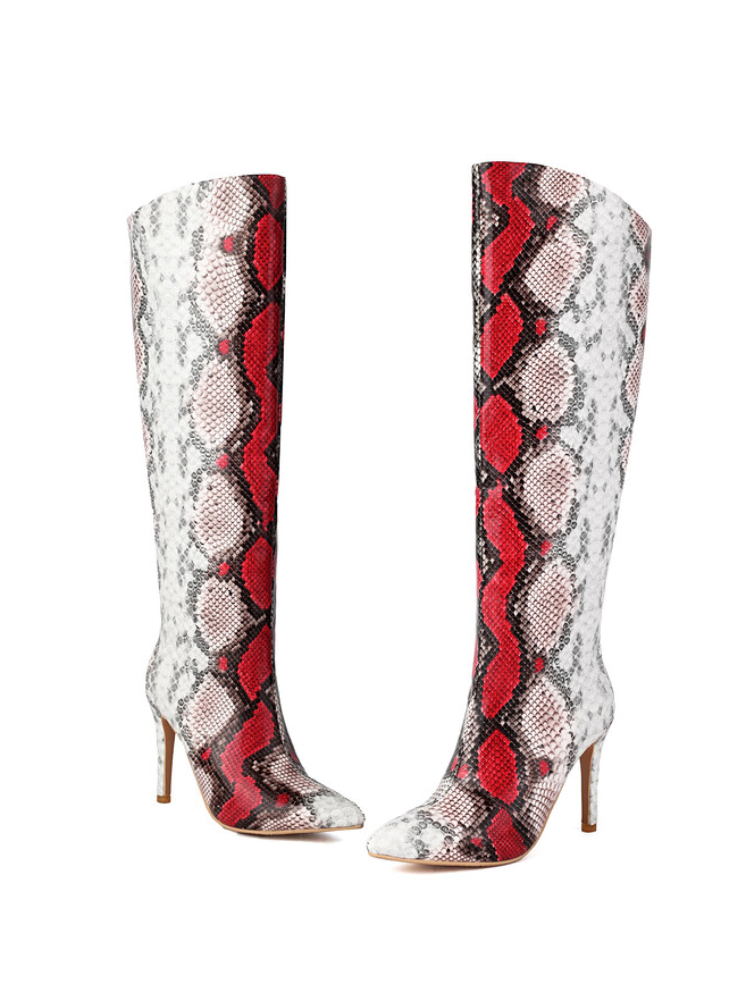 Red Snakeskin Pattern Faux Leather Knee High Heel Boots