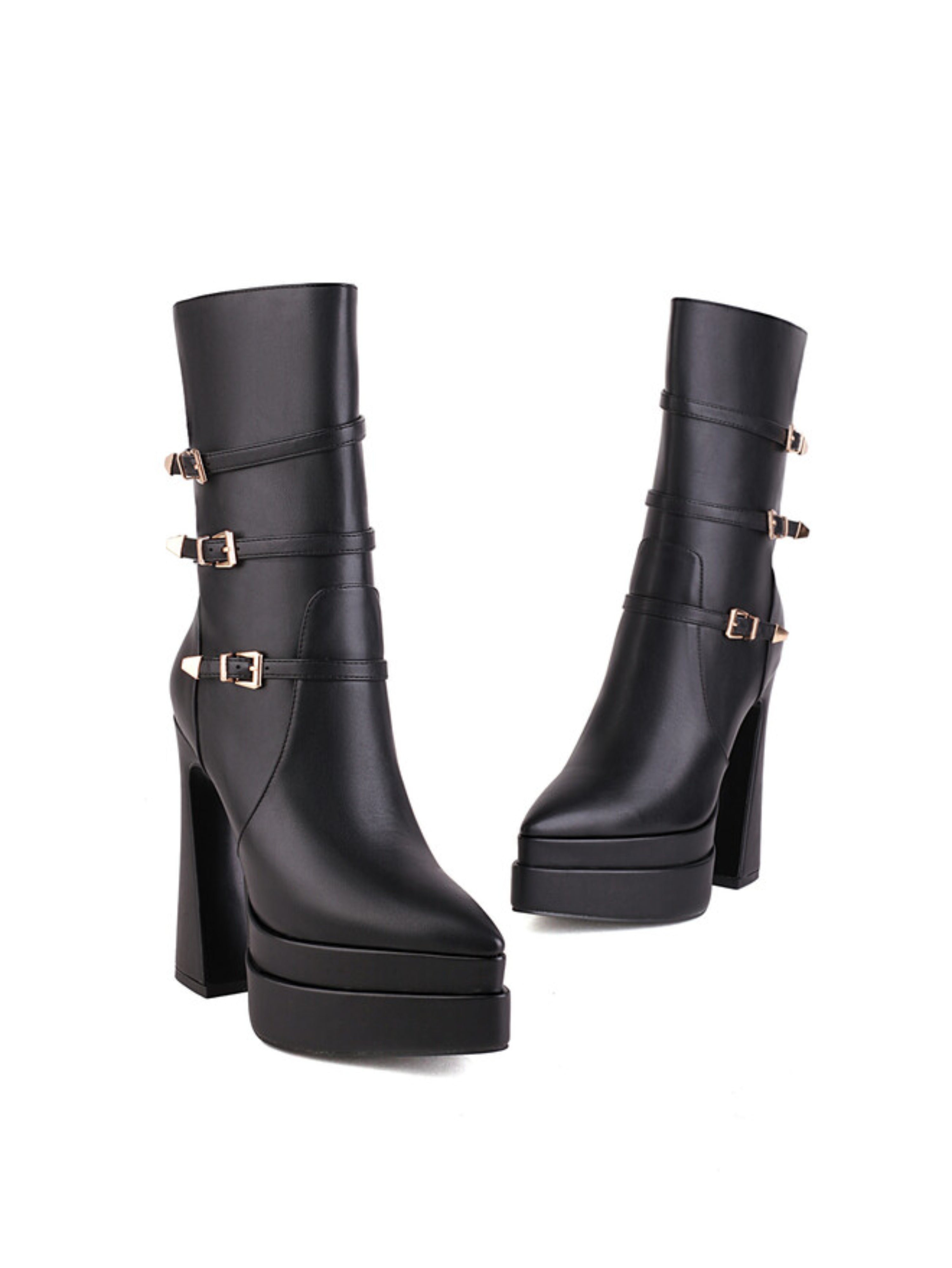Women's Black Plaform Chunky Heeled Ankle Boots