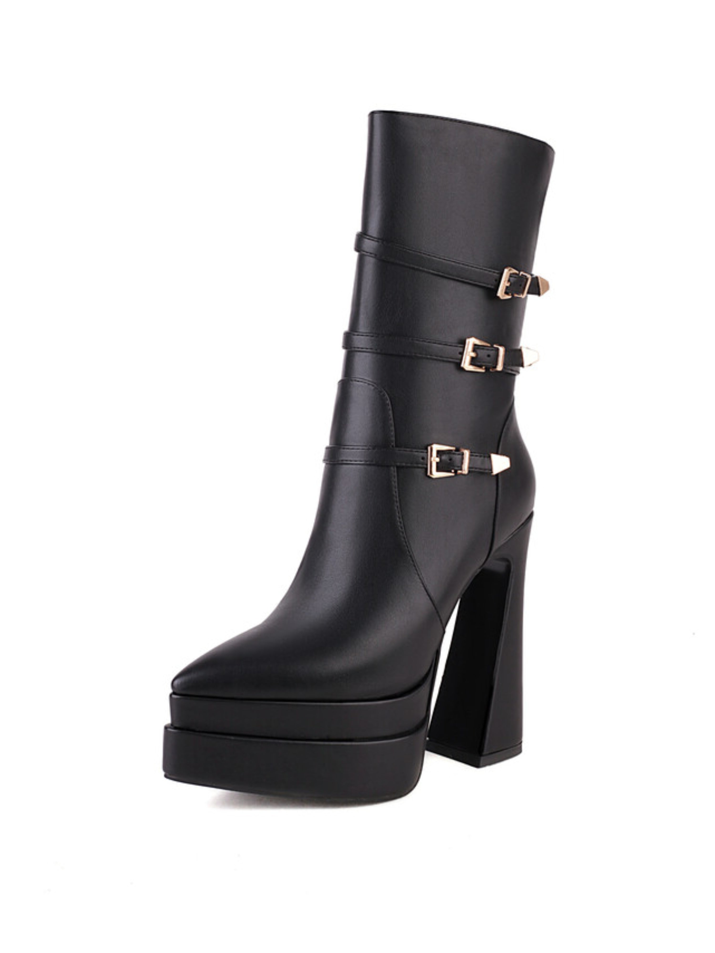 Women's Black Plaform Chunky Heeled Ankle Boots