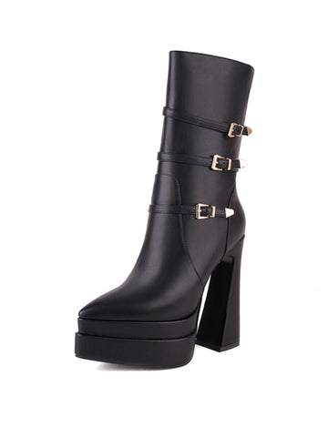 Women's Black Plaform Chunky Heeled Ankle Boots