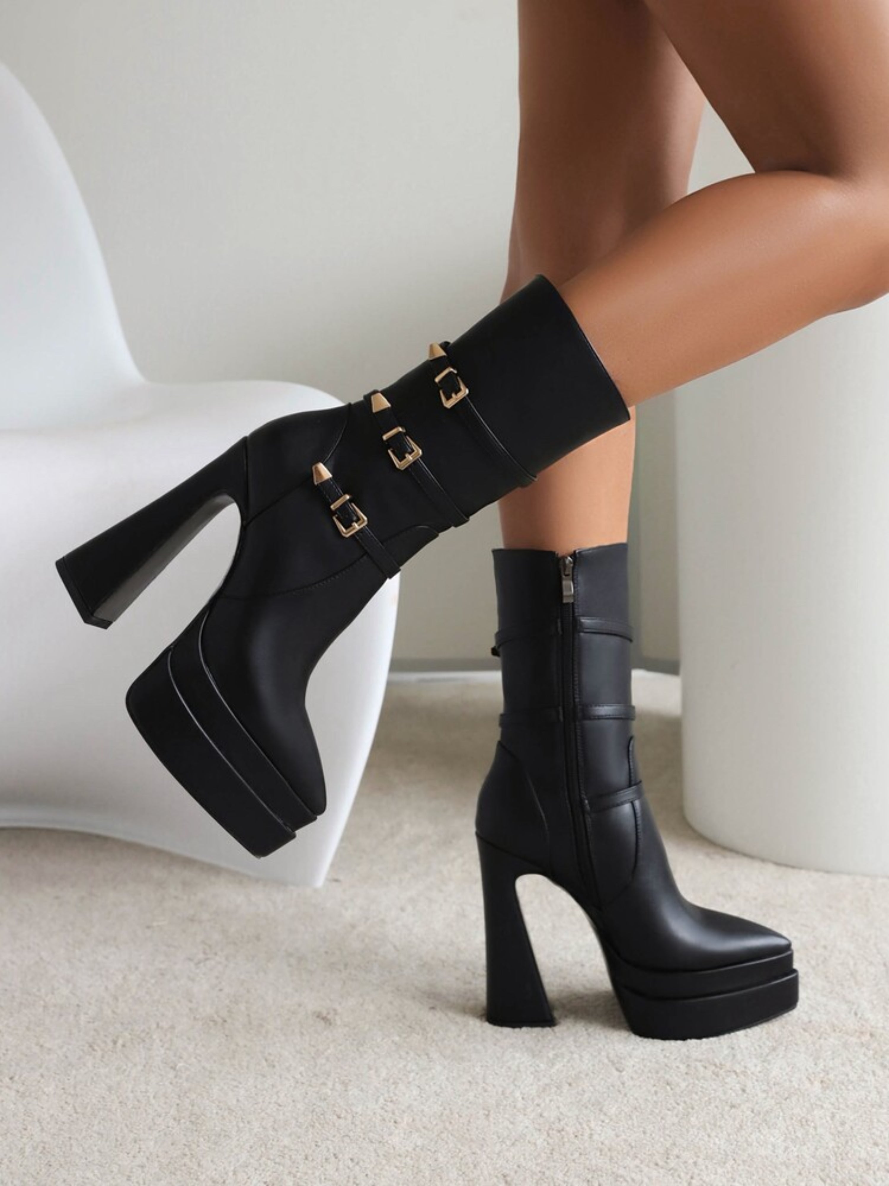 Women's Black Plaform Chunky Heeled Ankle Boots
