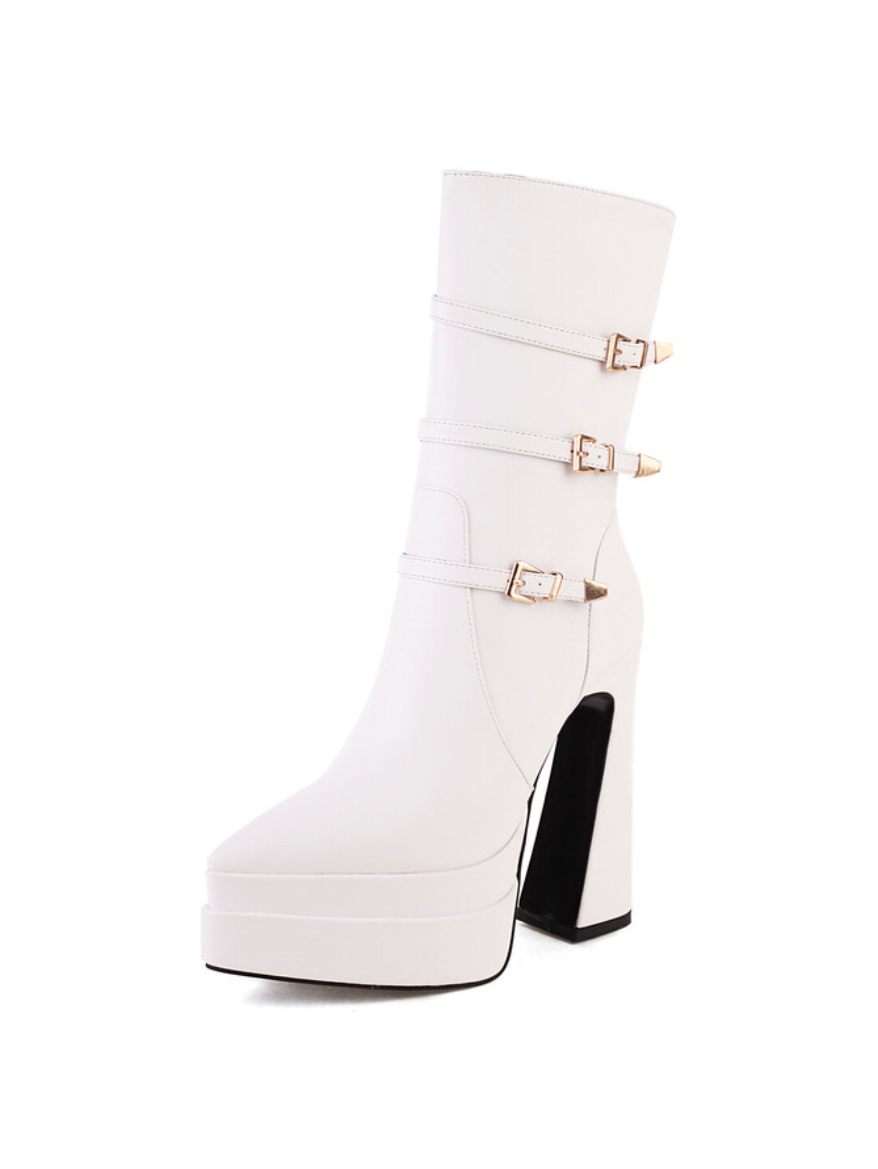 White Pointed Toe Platform Heel Buckled Short Booties