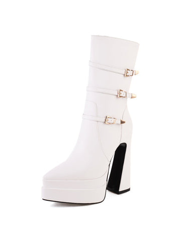 White Pointed Toe Platform Heel Buckled Short Booties