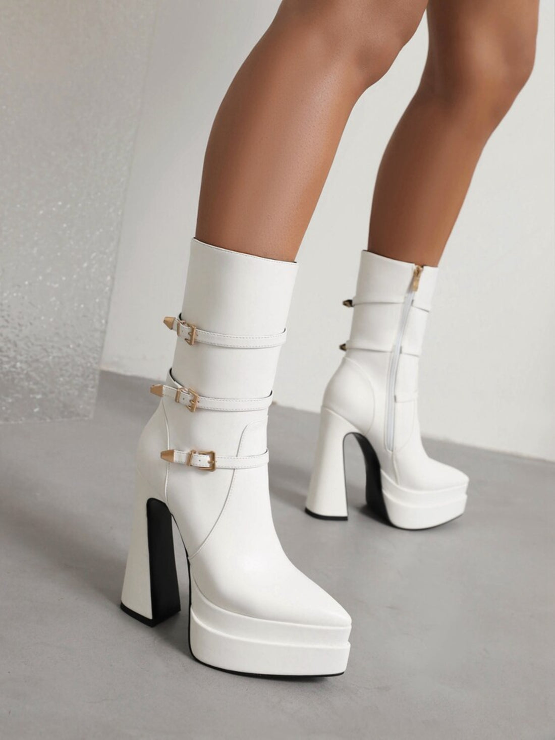 White Pointed Toe Platform Heel Buckled Short Booties