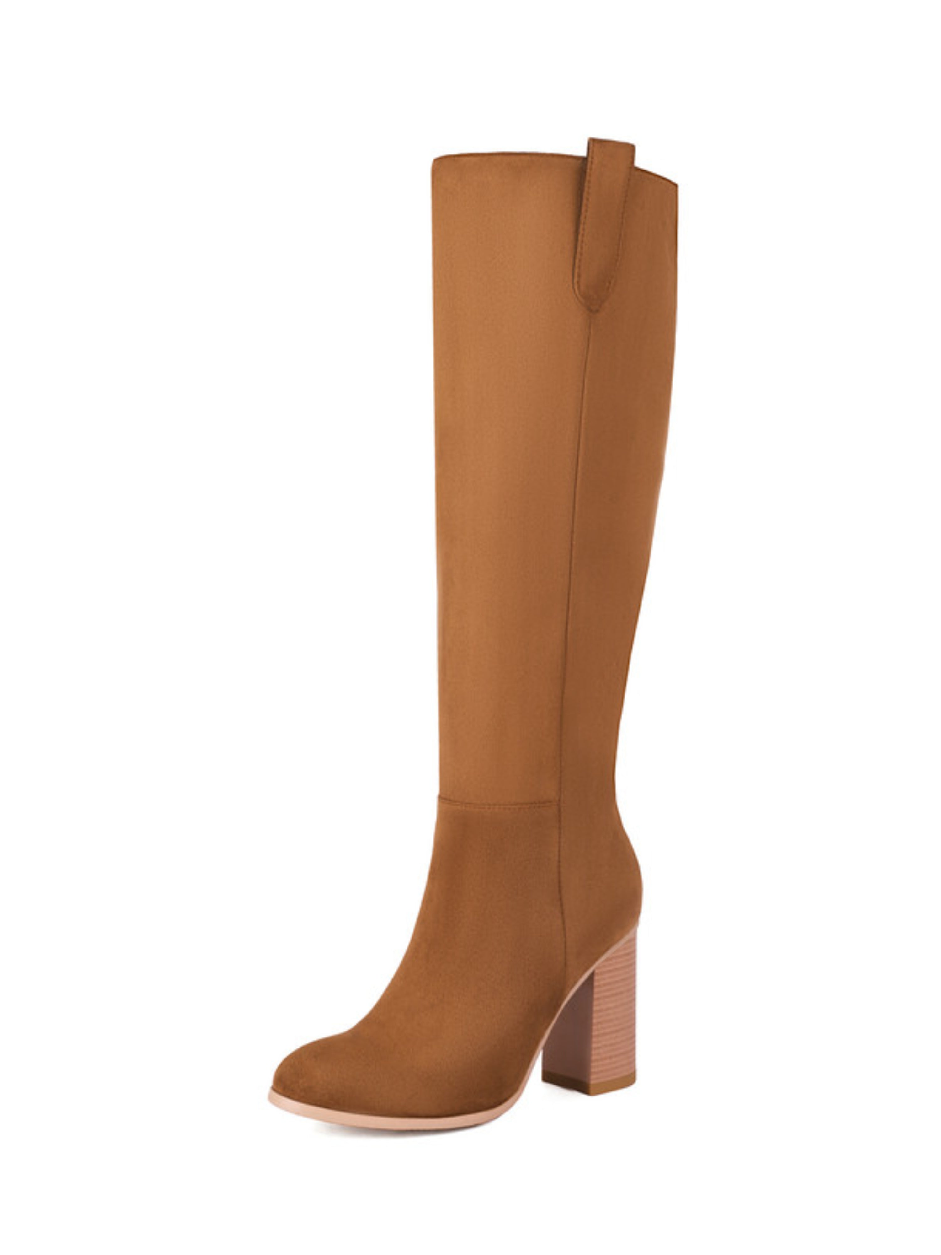 Brown Almond Toe Chunky Heel Knee High Boots