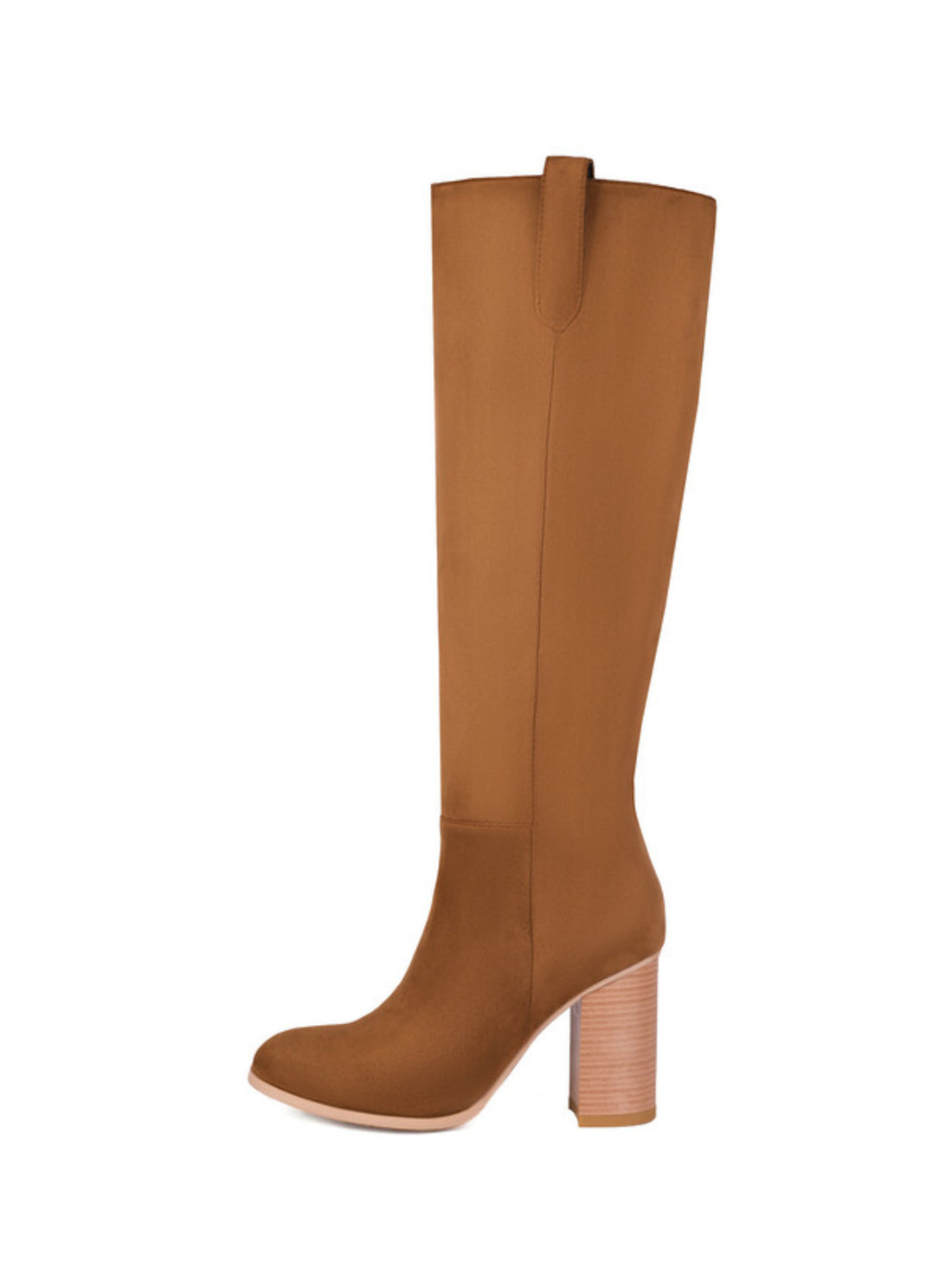 Brown Almond Toe Chunky Heel Knee High Boots