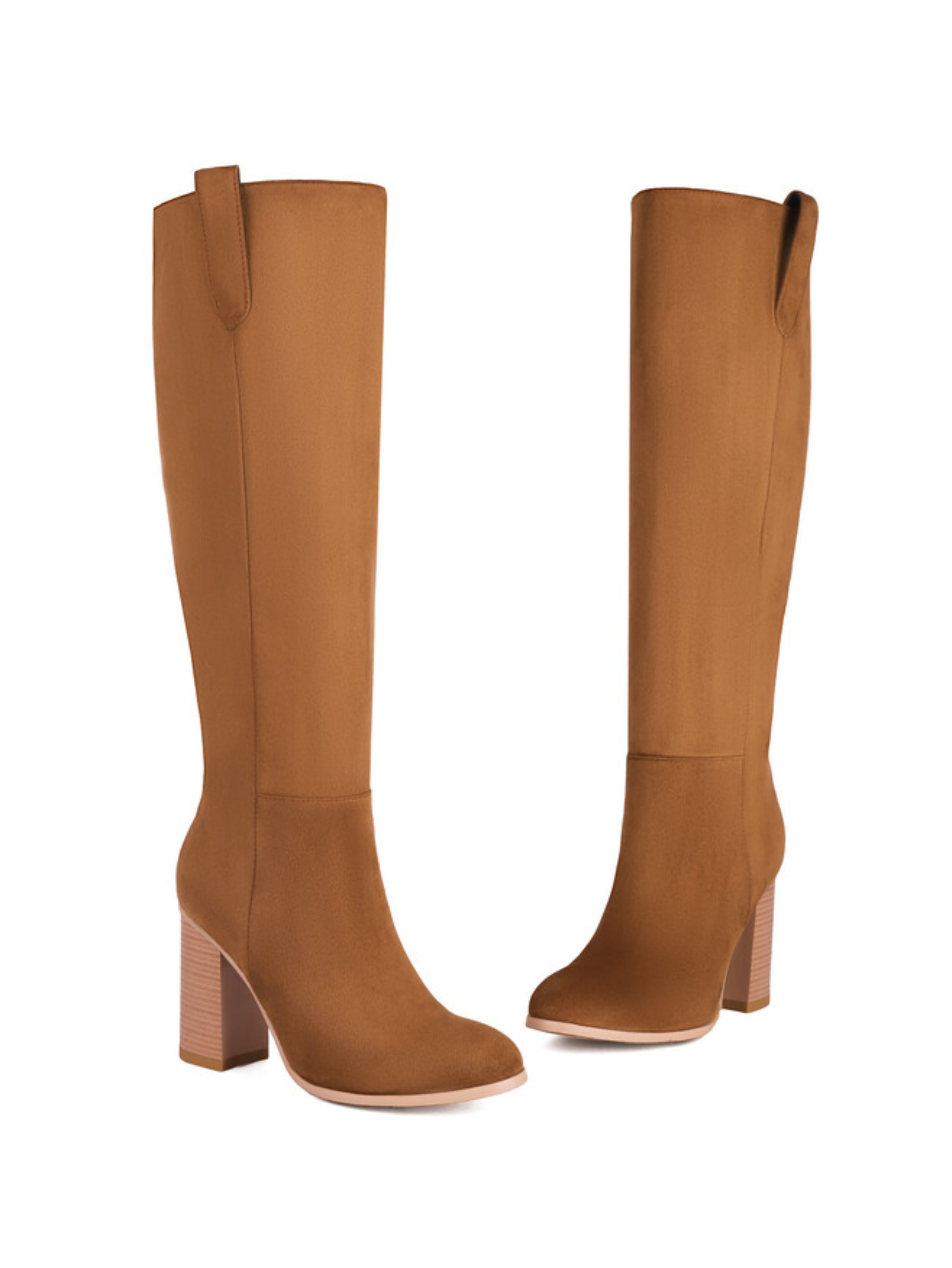 Brown Almond Toe Chunky Heel Knee High Boots