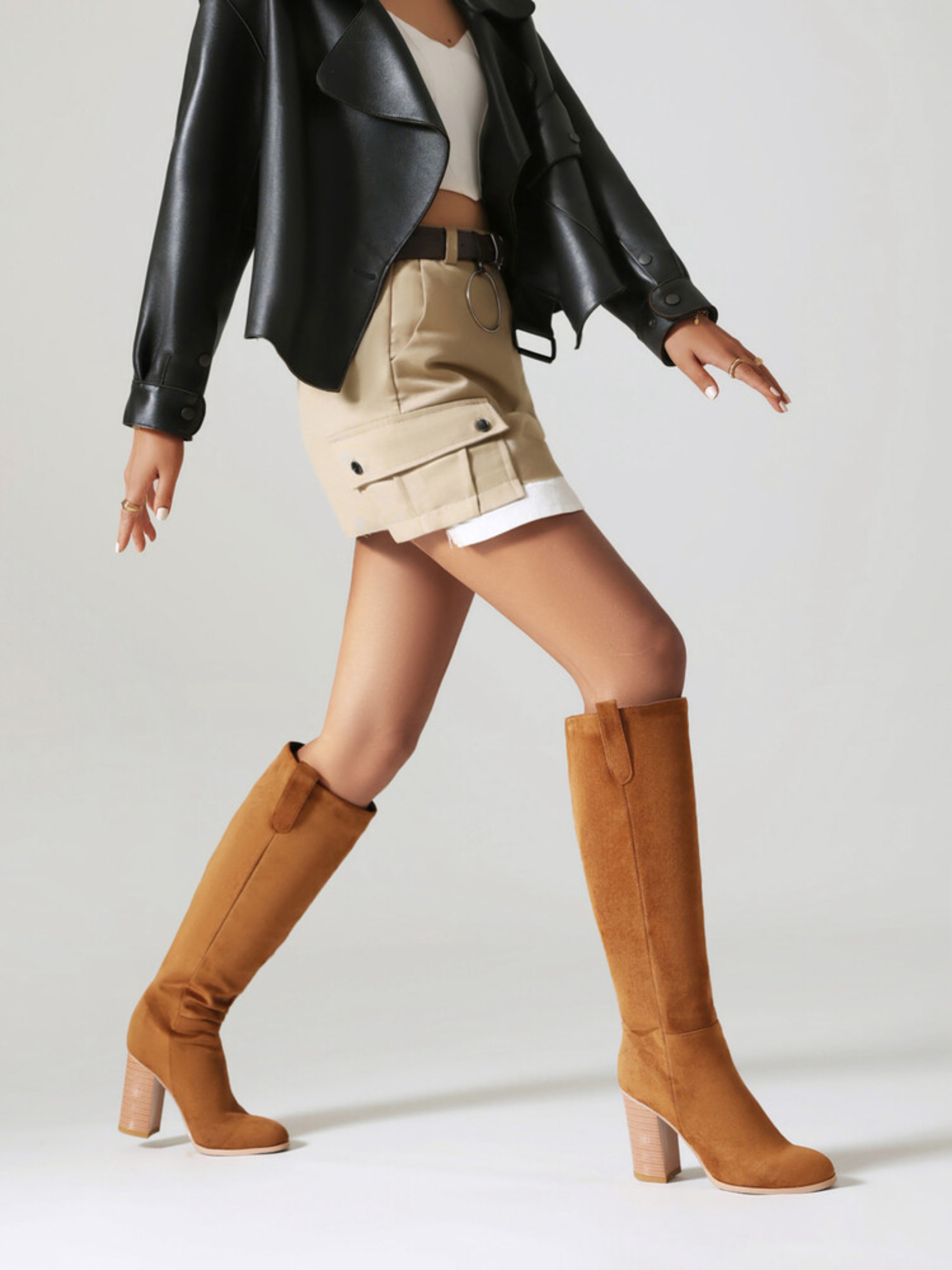 Brown Almond Toe Chunky Heel Knee High Boots
