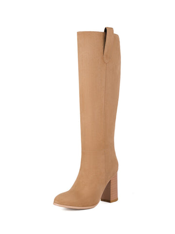 Tan Slip-On High-Heel Women's Thigh-High Boots