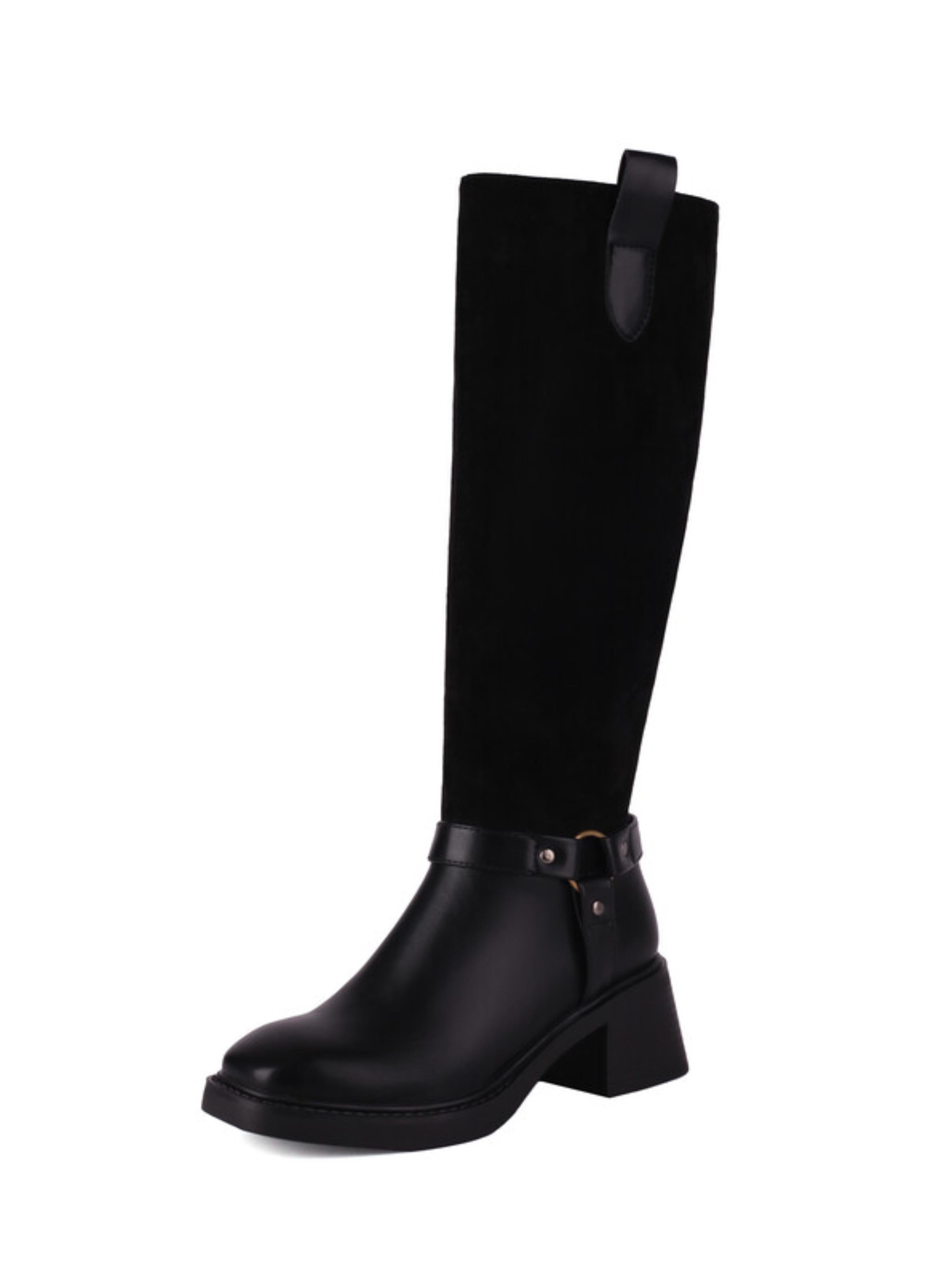 Black Knee-High Riding Boots with Block Heels