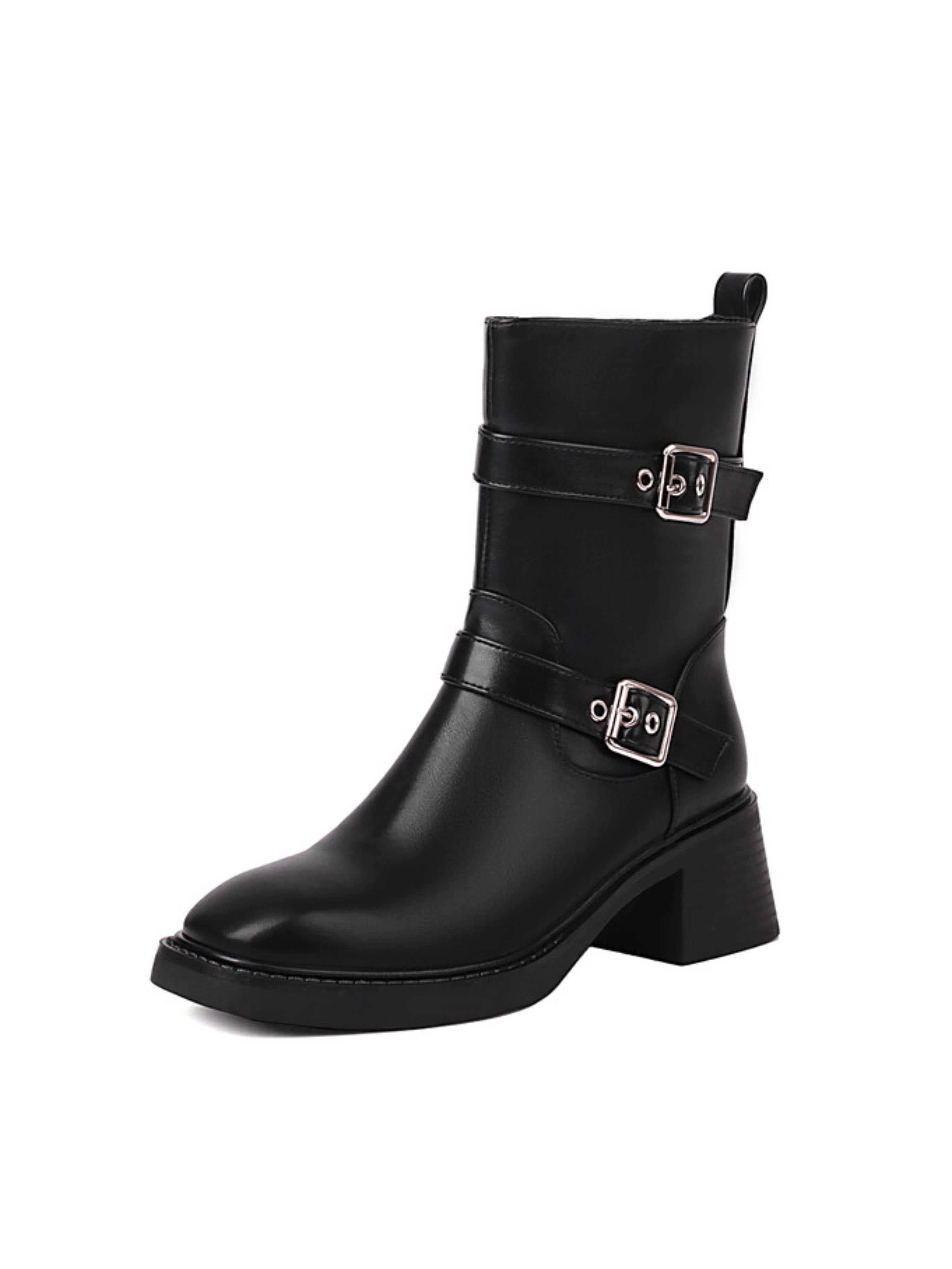 Fashion Black Double-Buckle Mid-Heel Ankle Boots