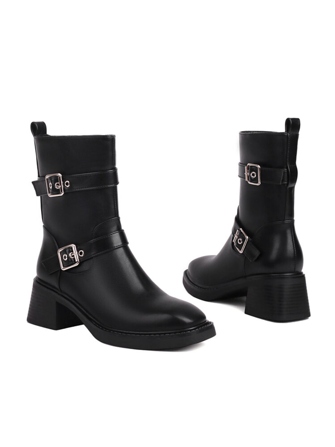 Fashion Black Double-Buckle Mid-Heel Ankle Boots