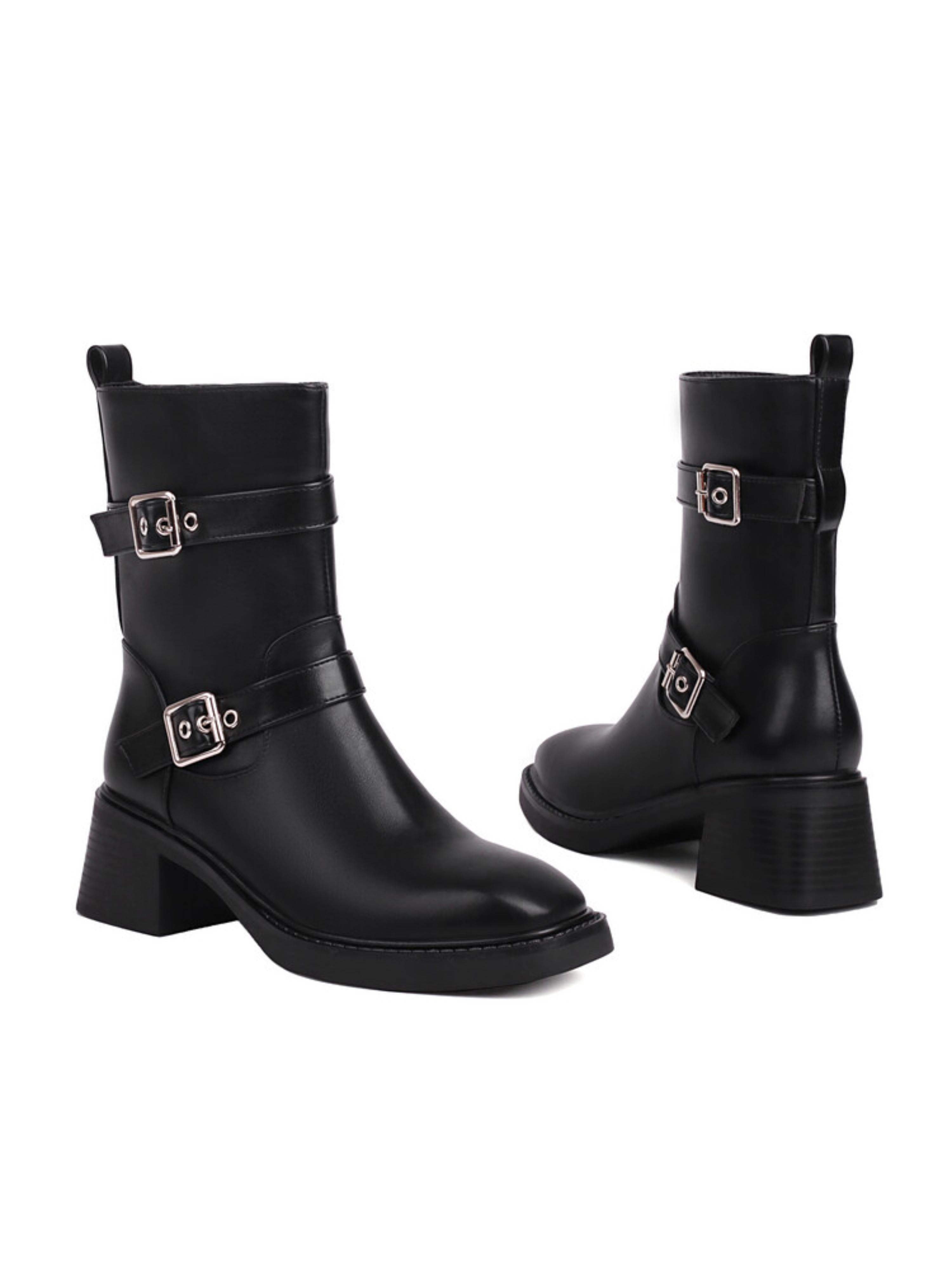 Fashion Black Double-Buckle Mid-Heel Ankle Boots
