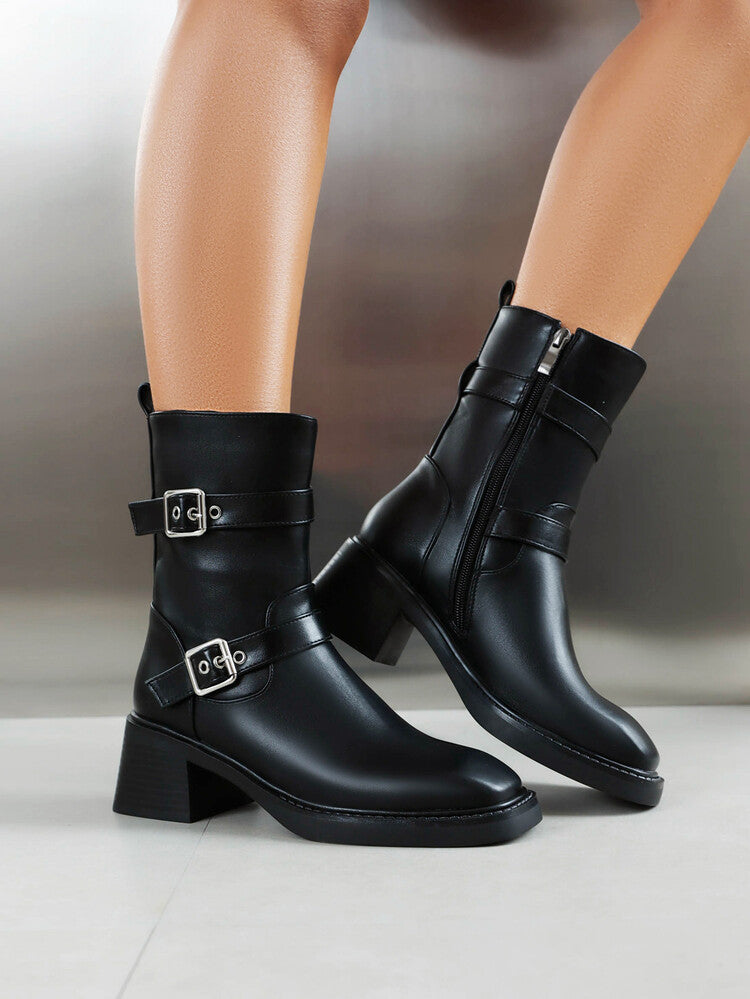 Fashion Black Double-Buckle Mid-Heel Ankle Boots