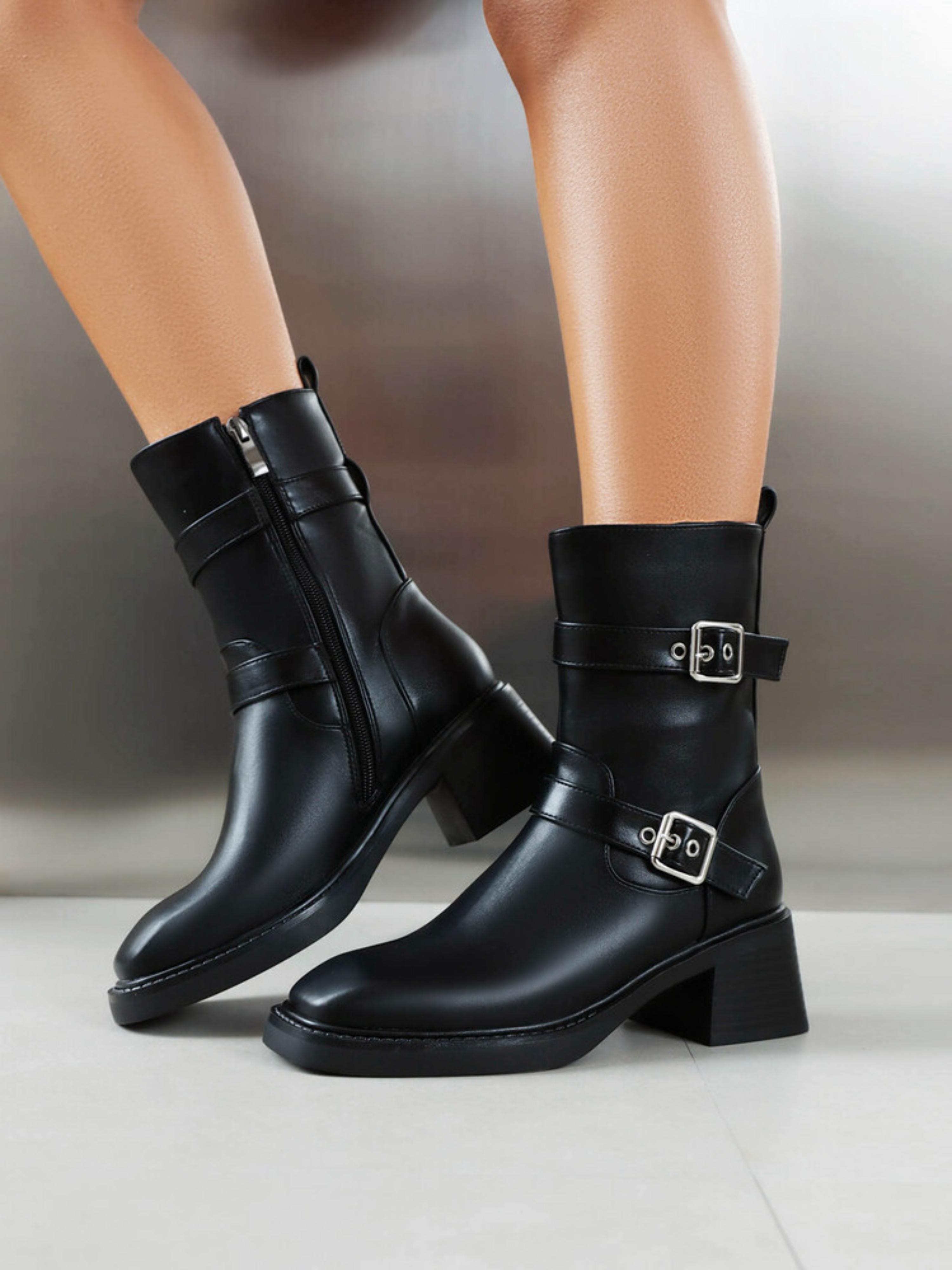 Fashion Black Double-Buckle Mid-Heel Ankle Boots