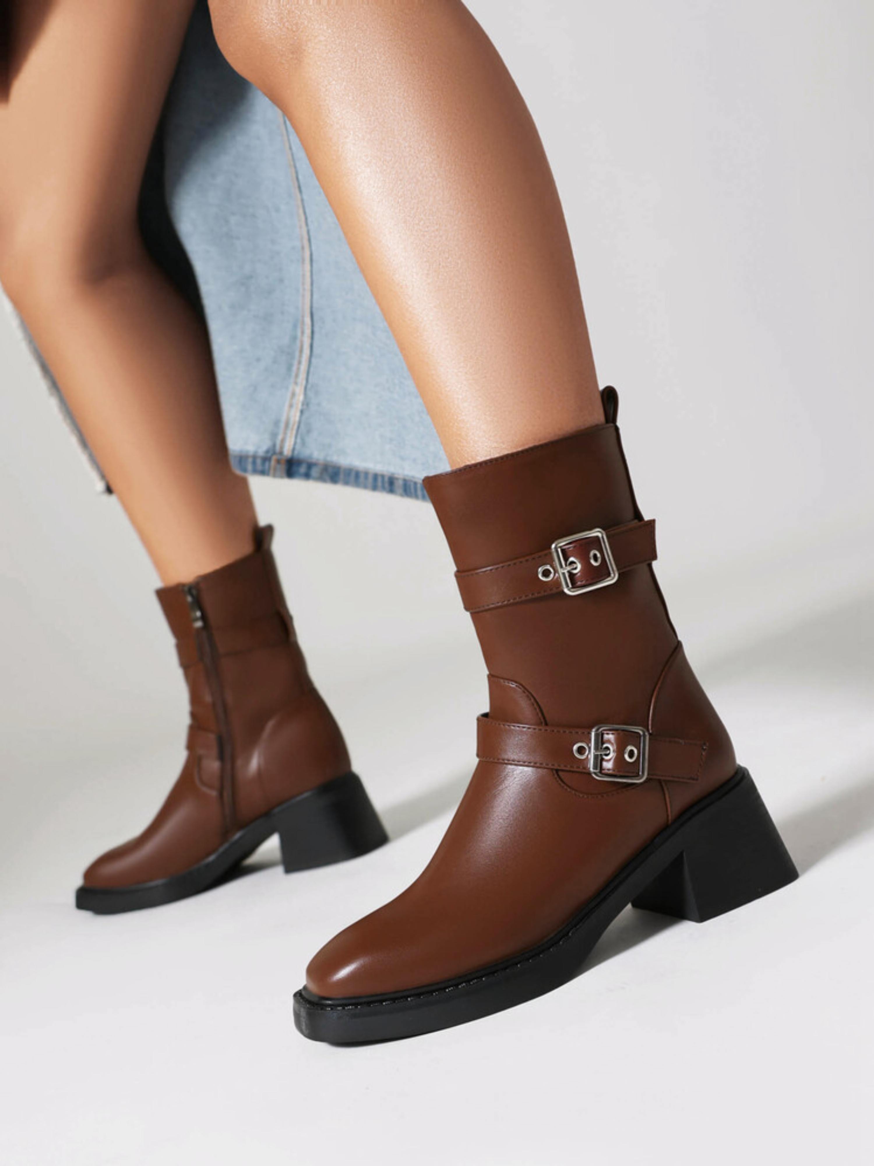 Classic Brown Buckled Mid-Heel Ankle Riding Boots for Women