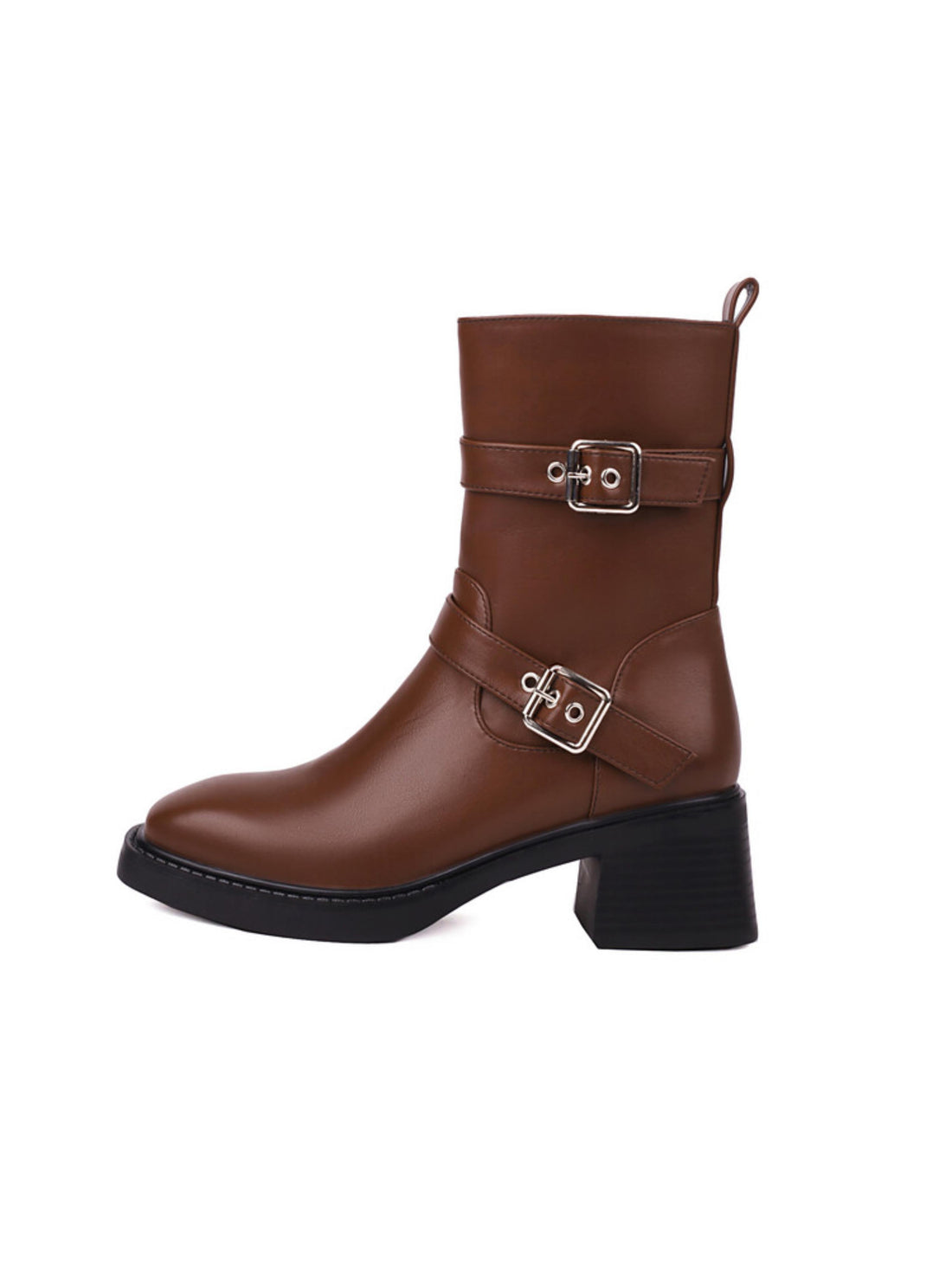 Classic Brown Buckled Mid-Heel Ankle Riding Boots for Women