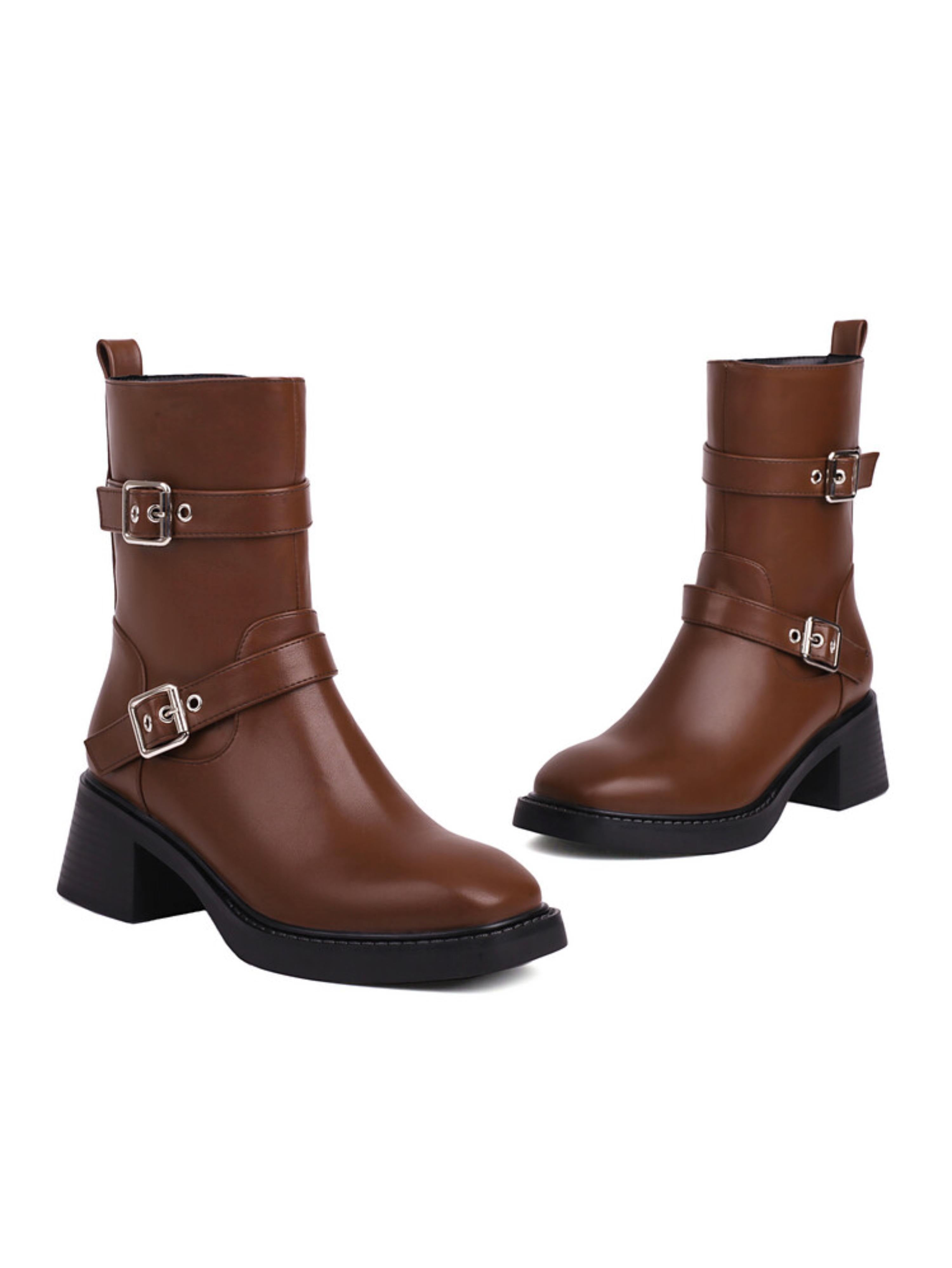 Classic Brown Buckled Mid-Heel Ankle Riding Boots for Women