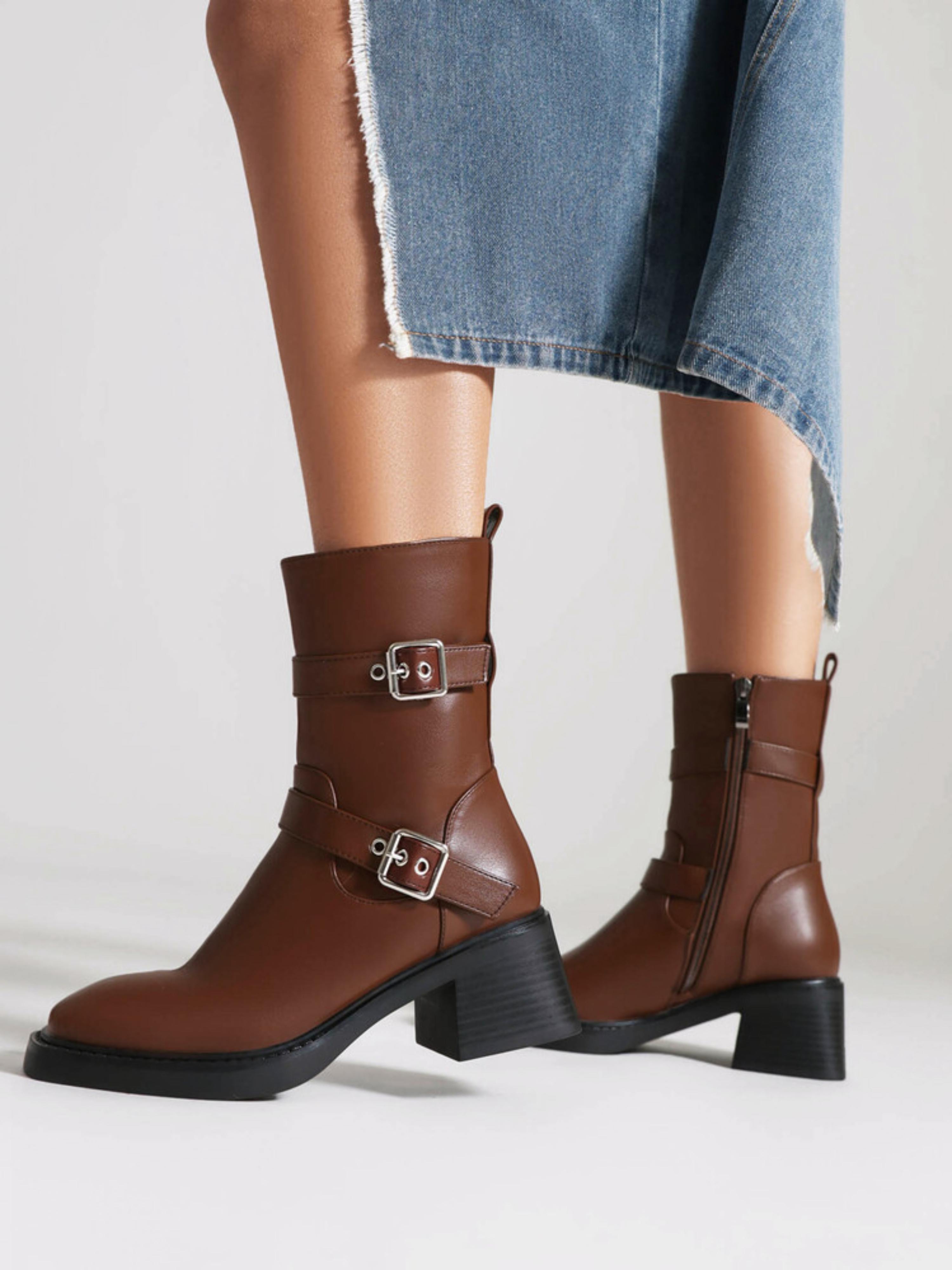 Classic Brown Buckled Mid-Heel Ankle Riding Boots for Women