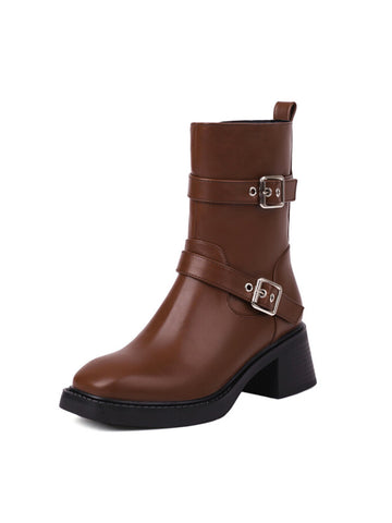 Classic Brown Buckled Mid-Heel Ankle Riding Boots for Women