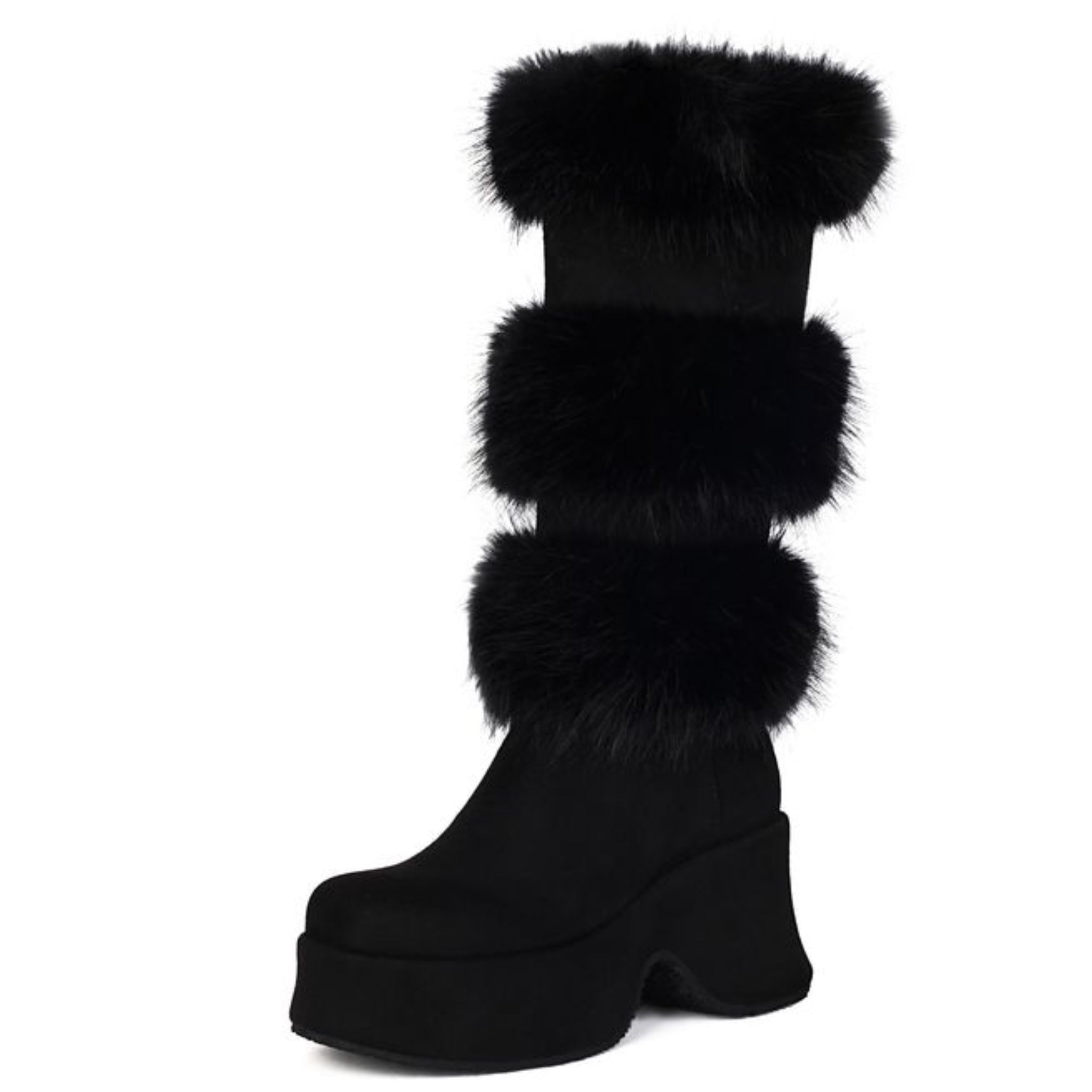 Black Square Toe Platform Chunky Heel Boots Mid-Calf