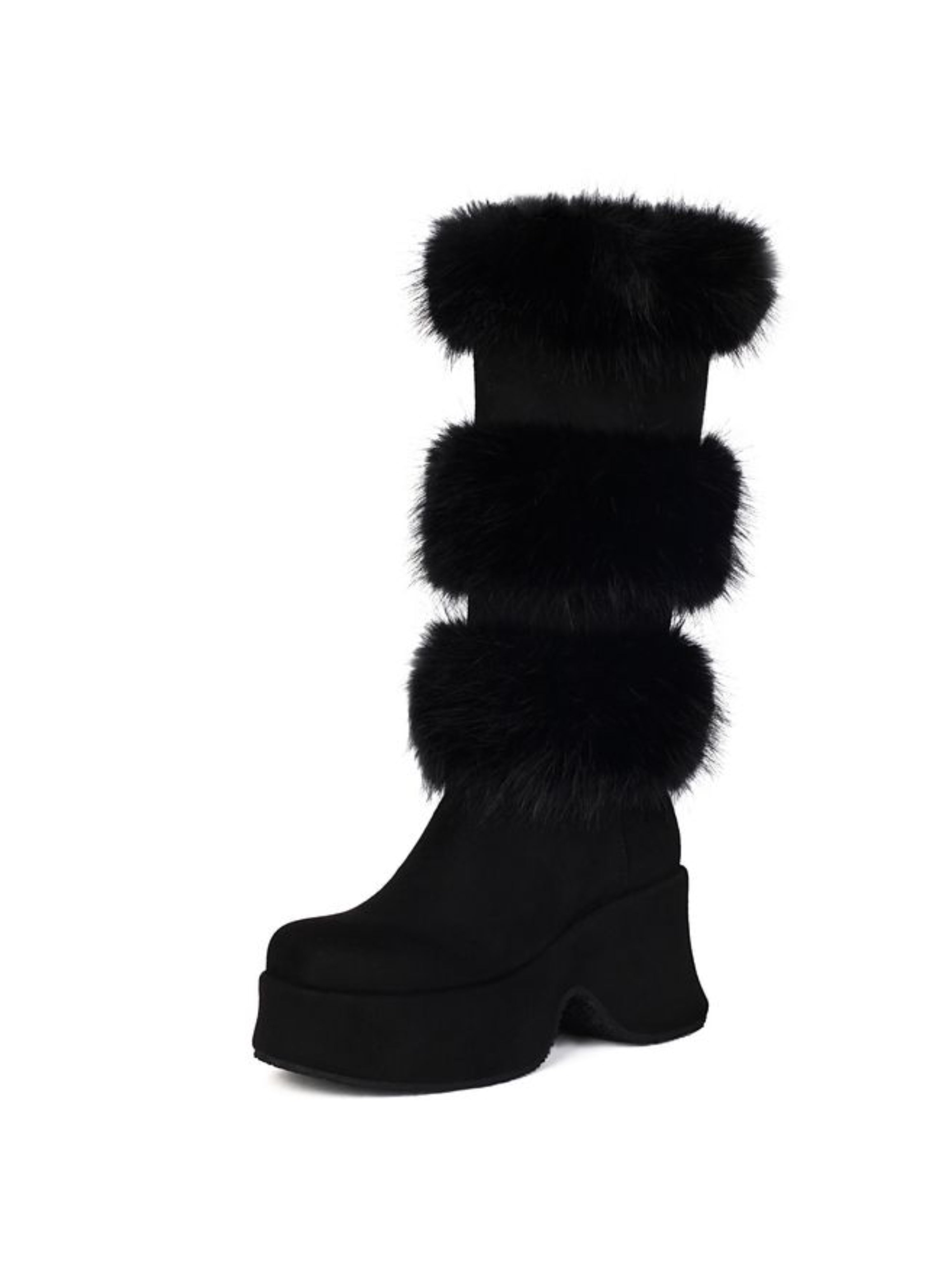 Black Square Toe Platform Chunky Heel Boots Mid-Calf