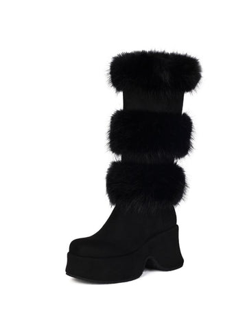 Black Square Toe Platform Chunky Heel Boots Mid-Calf