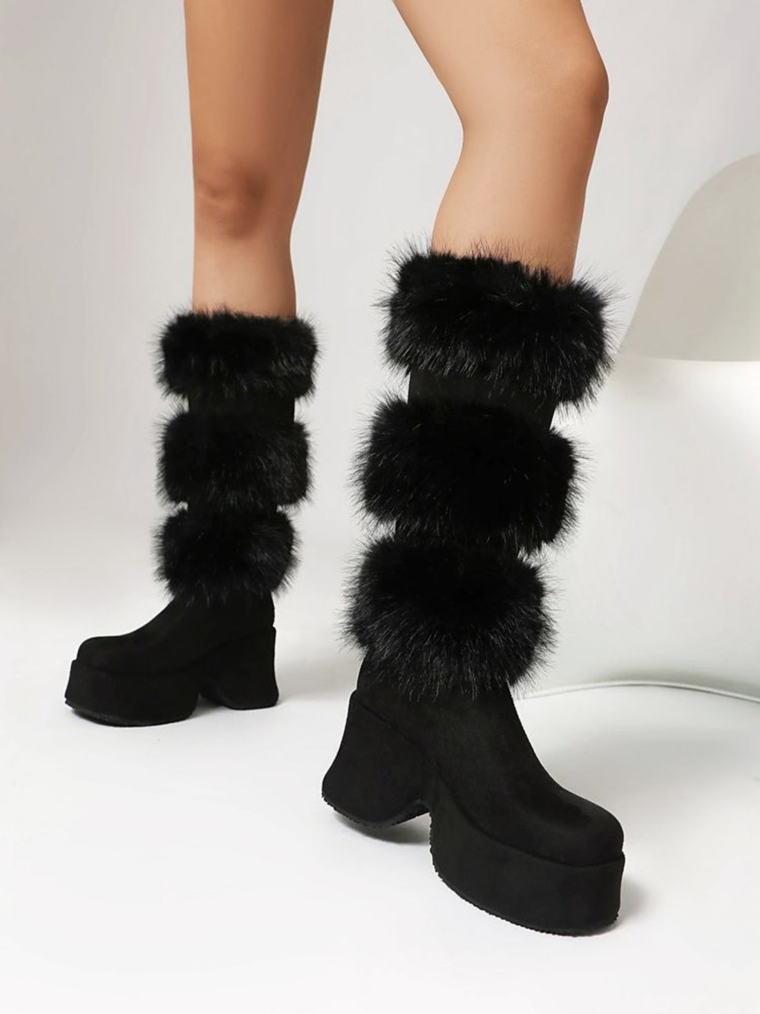 Black Square Toe Platform Chunky Heel Boots Mid-Calf