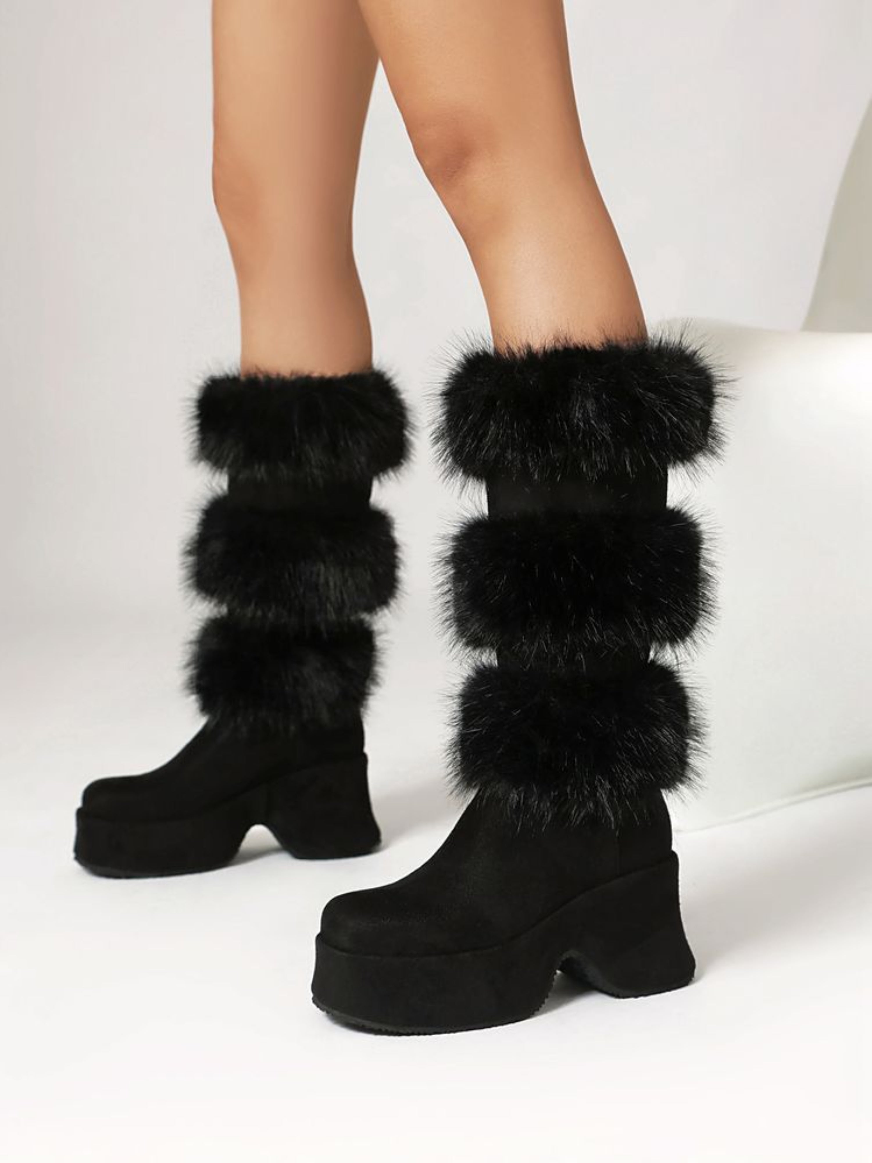 Black Square Toe Platform Chunky Heel Boots Mid-Calf