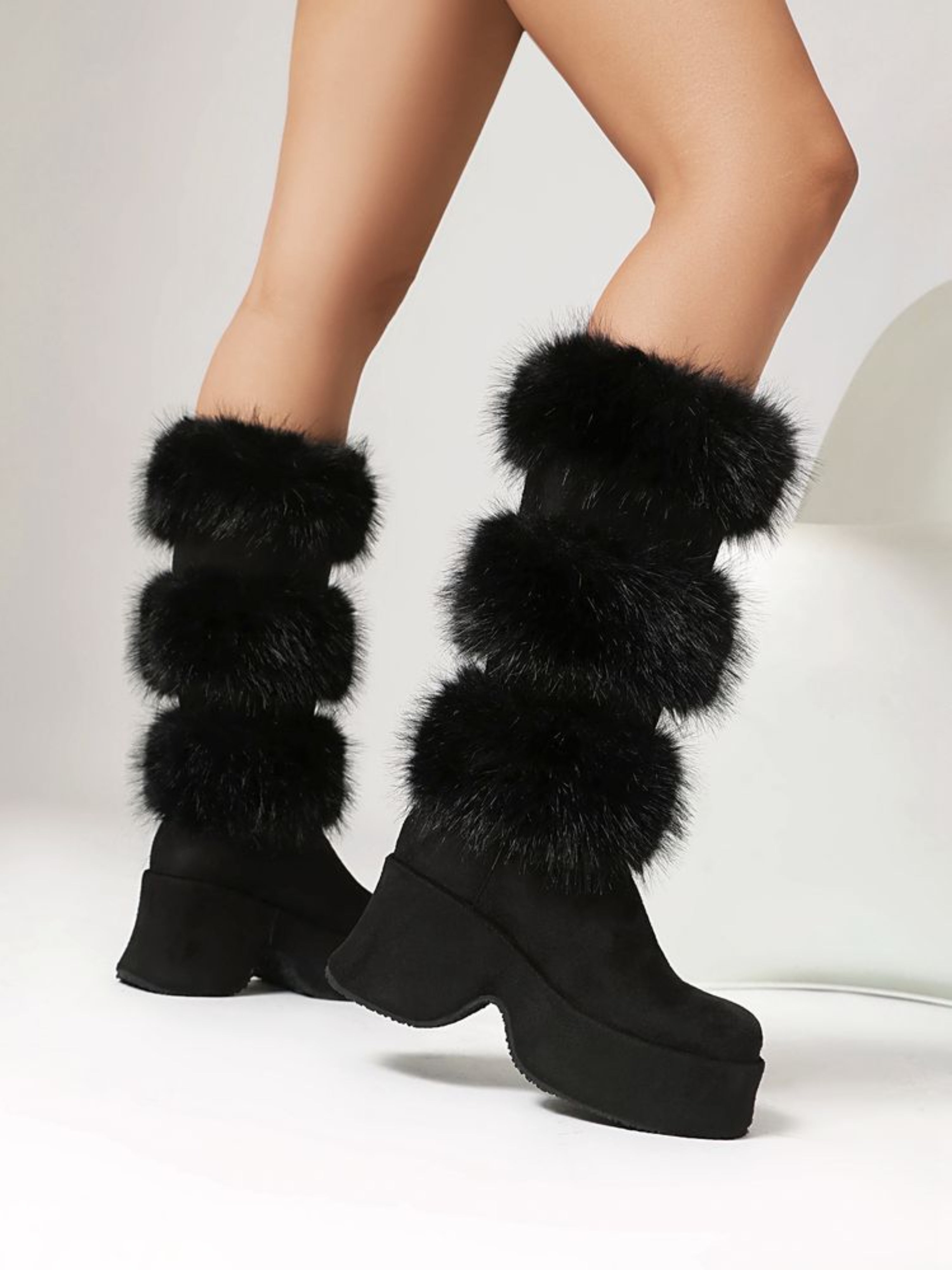 Black Square Toe Platform Chunky Heel Boots Mid-Calf