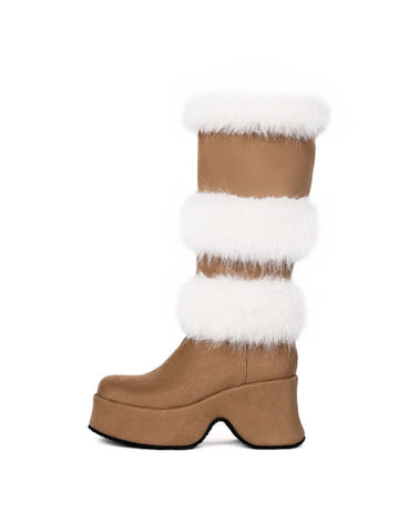 Tan Round Toe Platform Heel Women's Long Boots