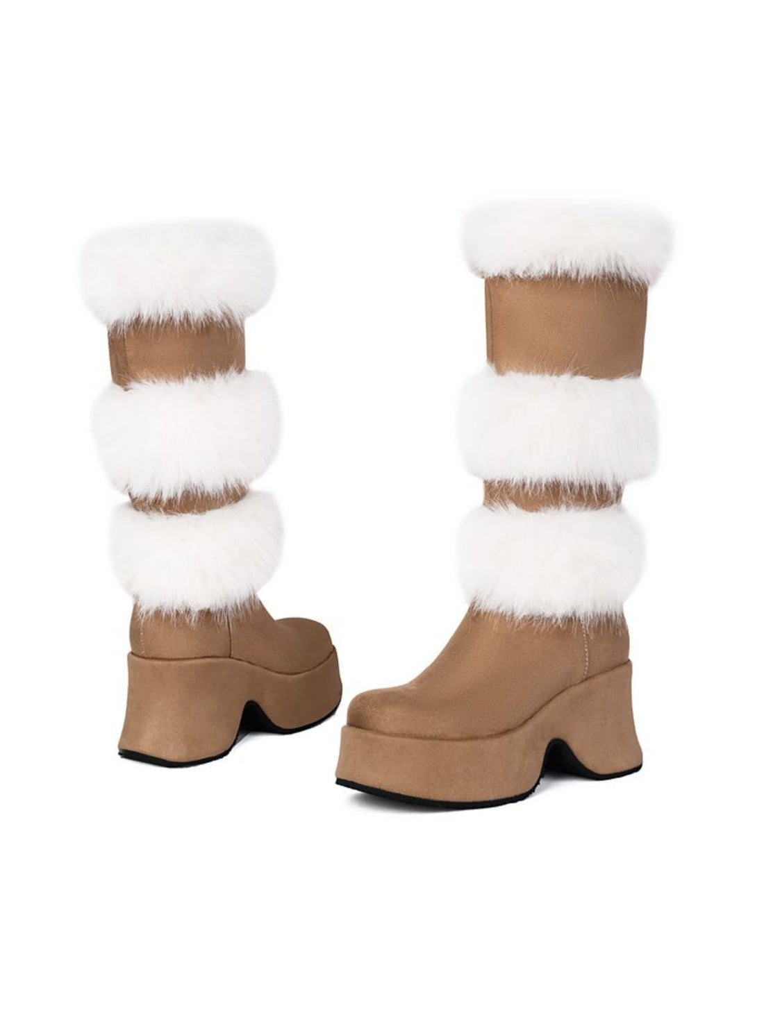 Tan Round Toe Platform Heel Women's Long Boots