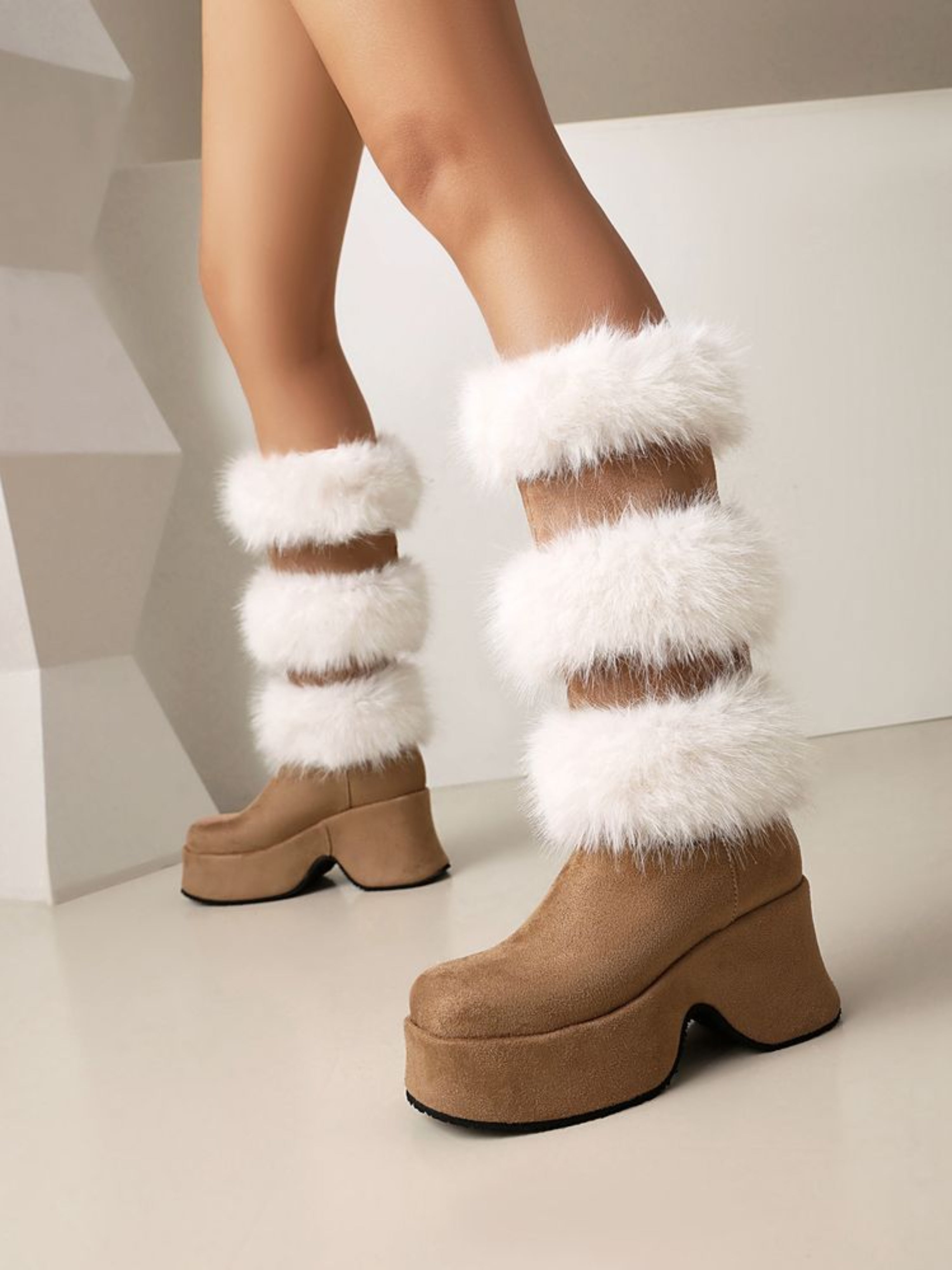 Tan Round Toe Platform Heel Women's Long Boots