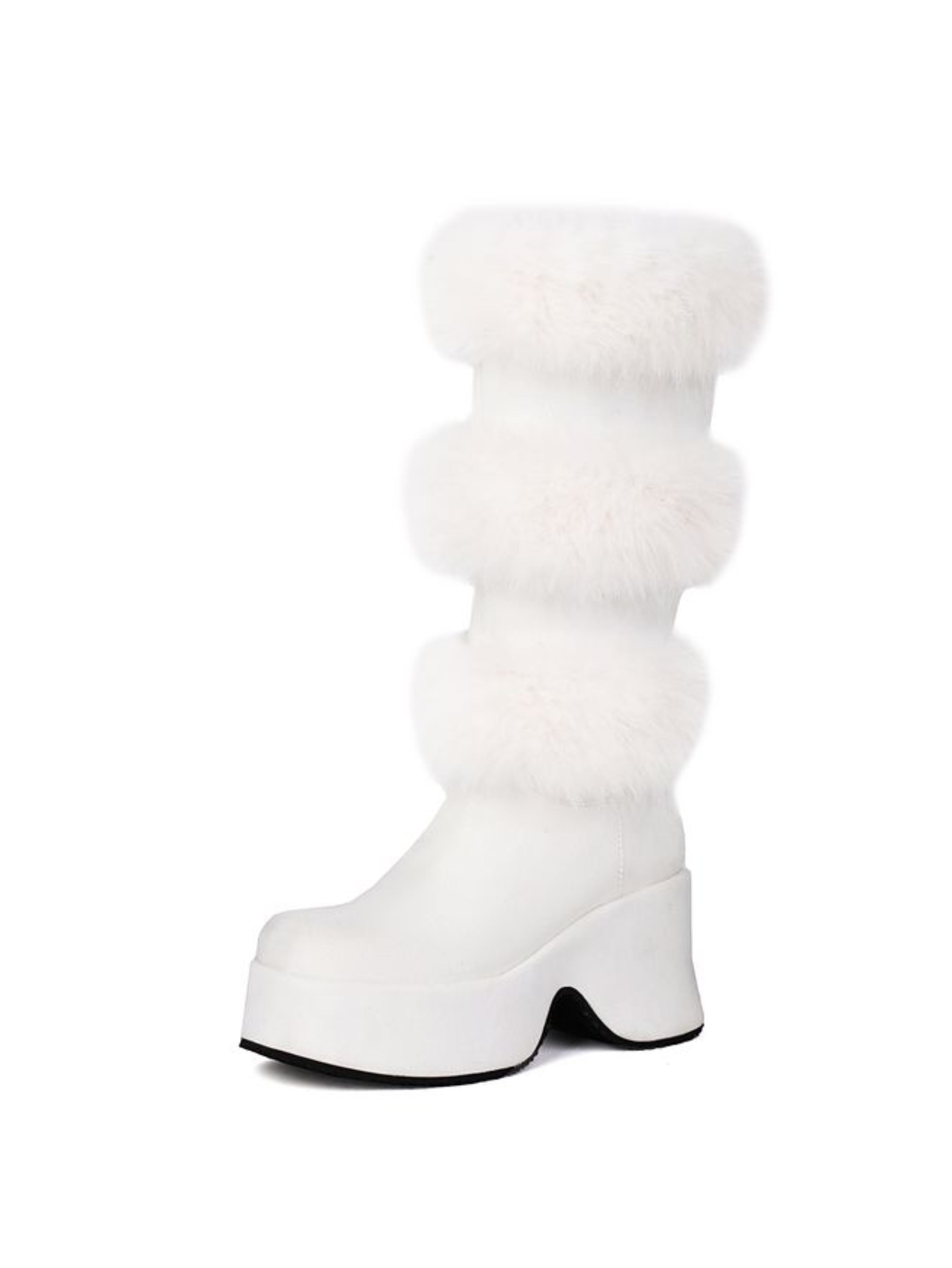 White Furry Chunky High Heeled Boots with Platform