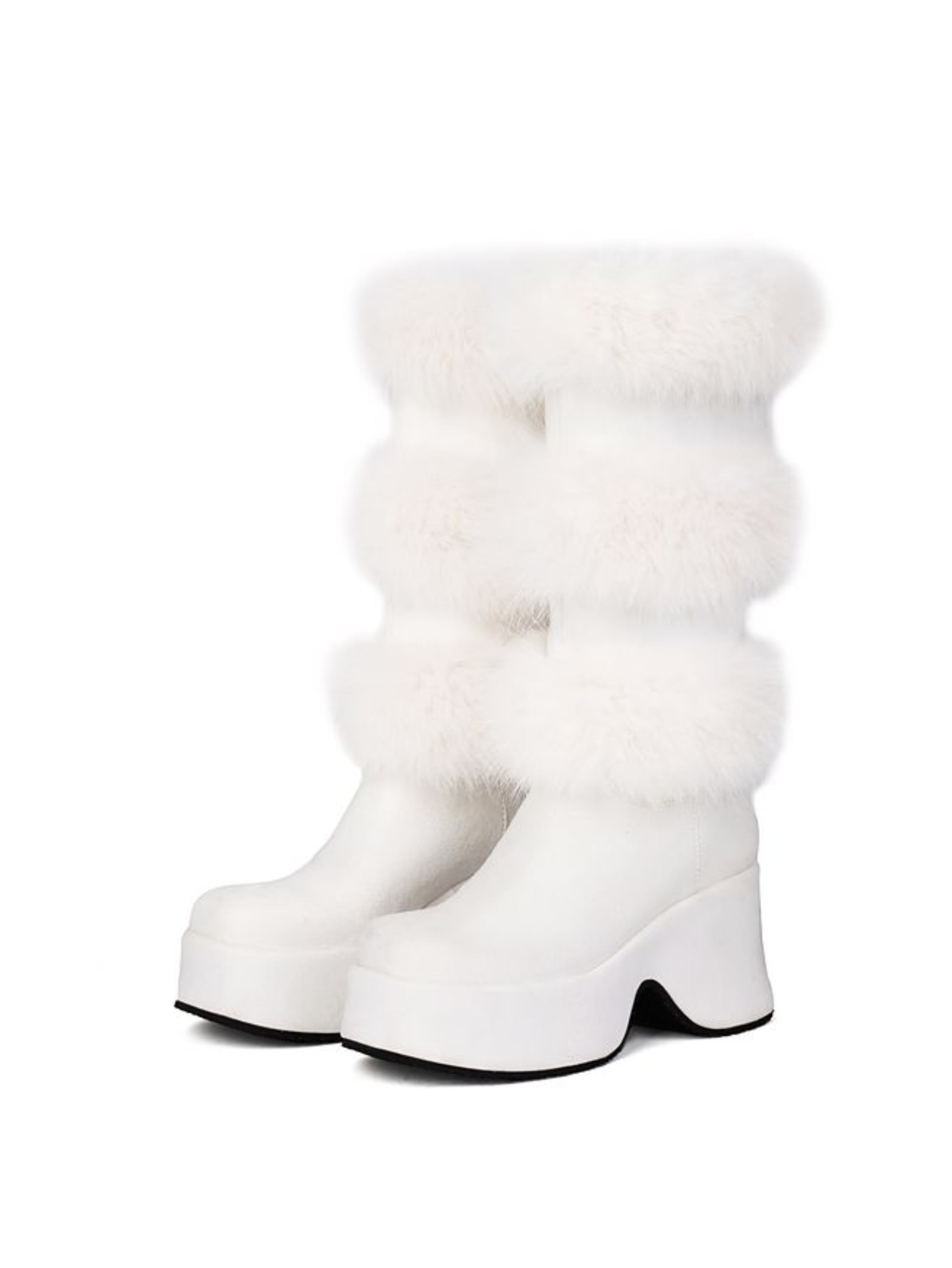 White Furry Chunky High Heeled Boots with Platform