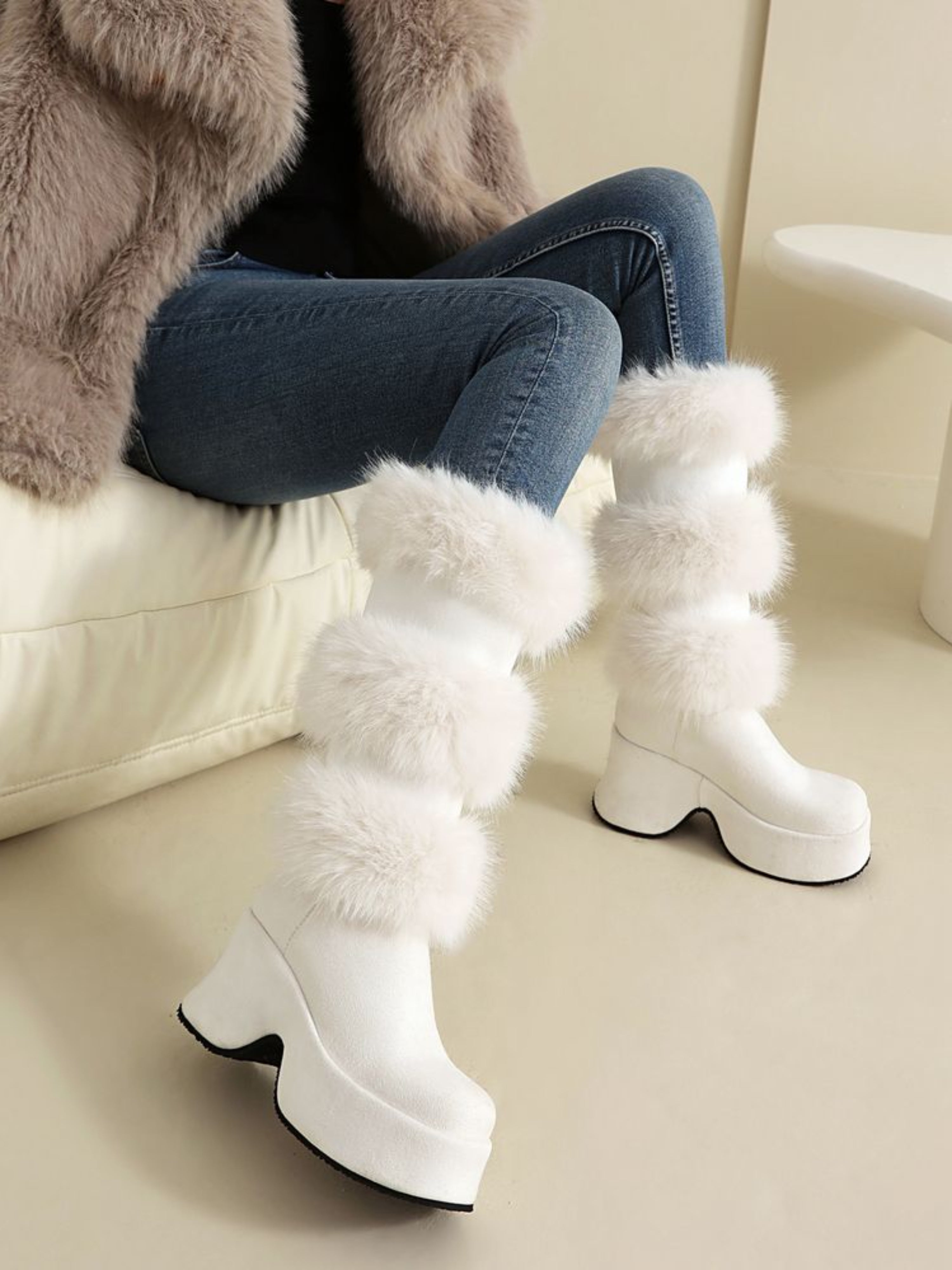 White Furry Chunky High Heeled Boots with Platform
