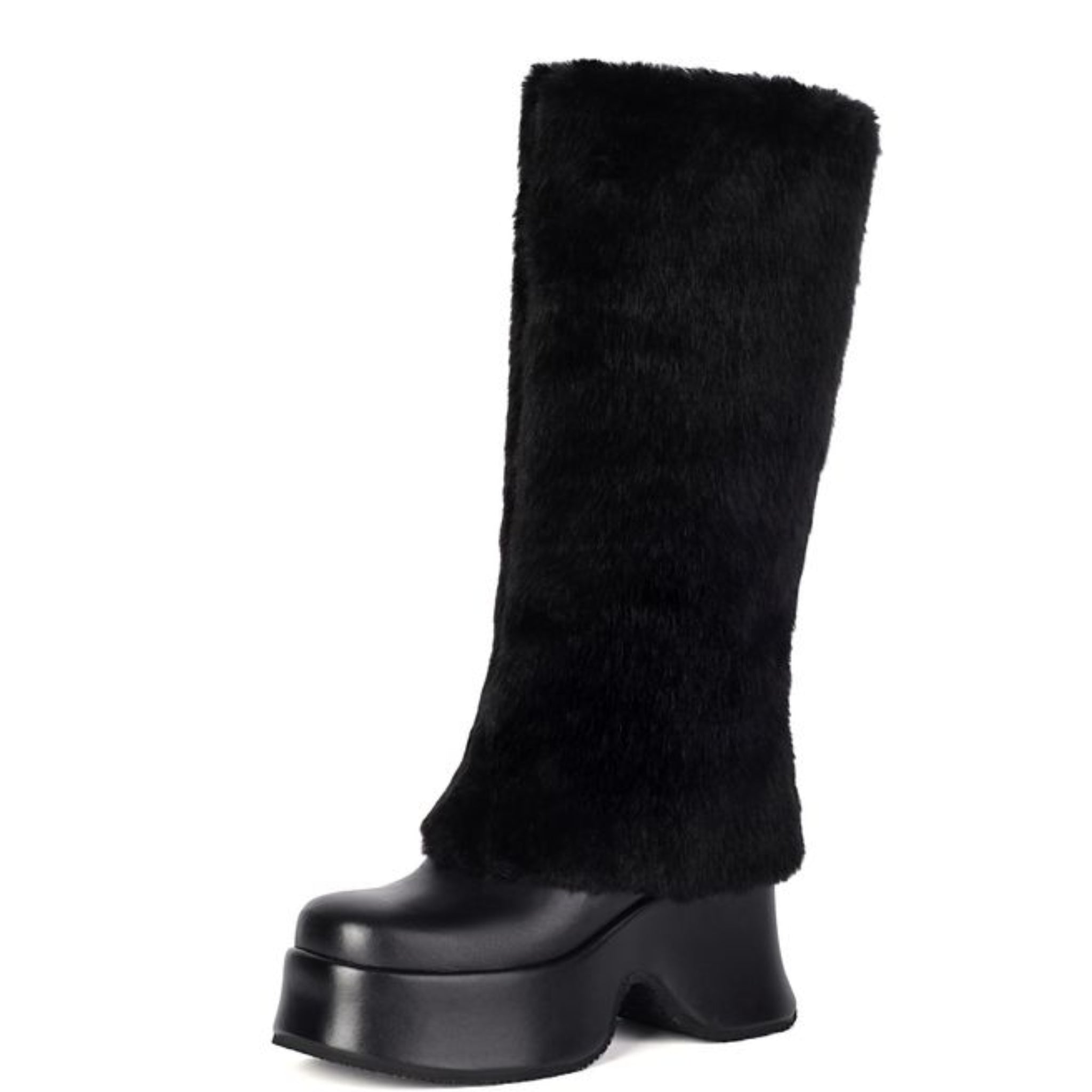Black Faux Fur Platform Long Boots Women