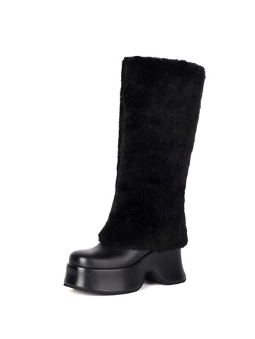 Black Faux Fur Platform Long Boots Women