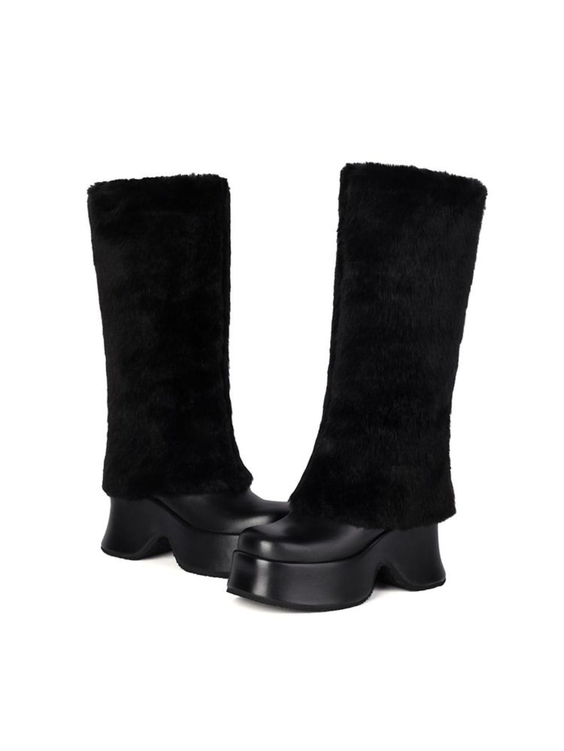 Black Faux Fur Platform Long Boots Women