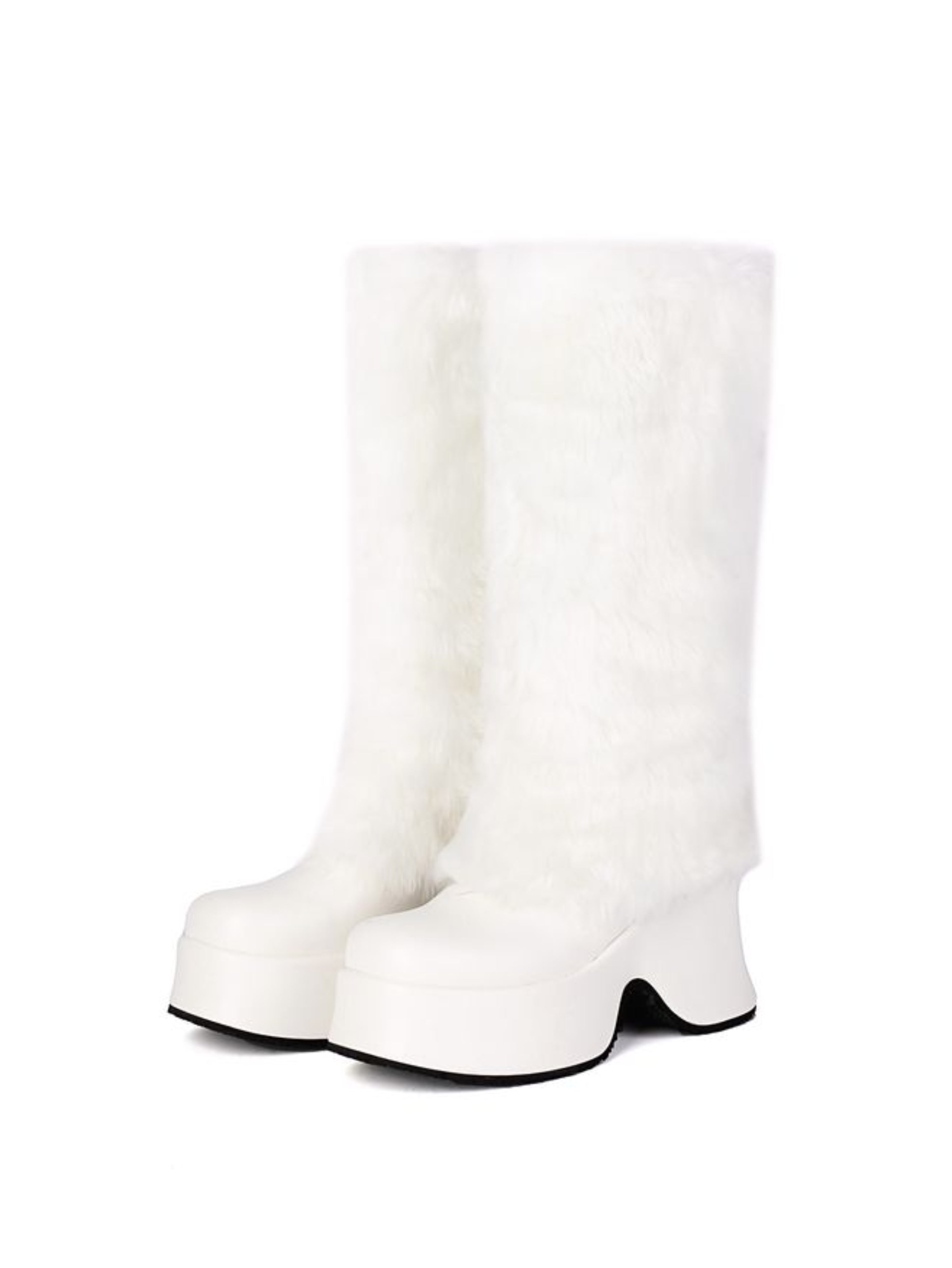 White Faux Fur High-Heel Tall Boots for Women
