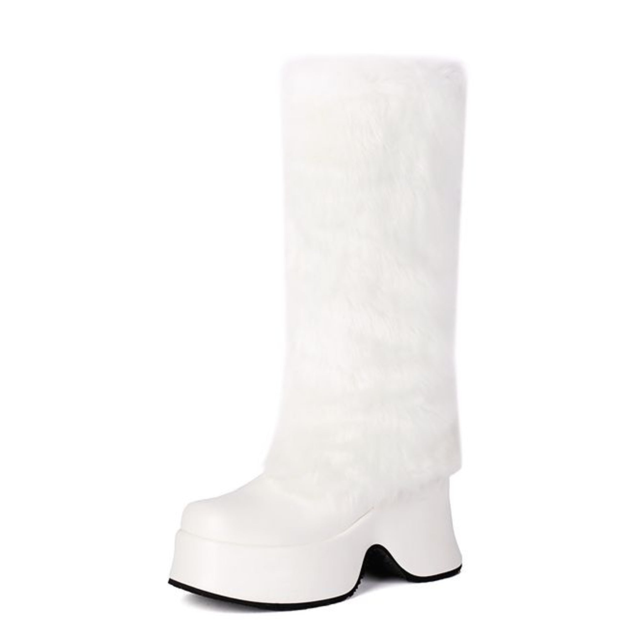 White Faux Fur High-Heel Tall Boots for Women