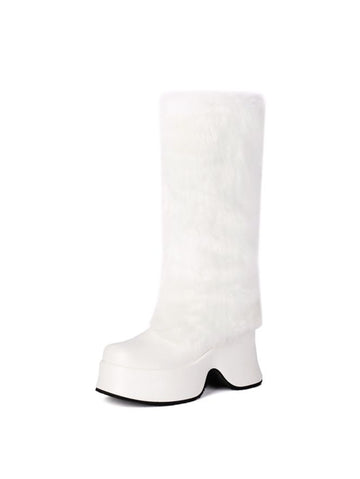 White Faux Fur High-Heel Tall Boots for Women